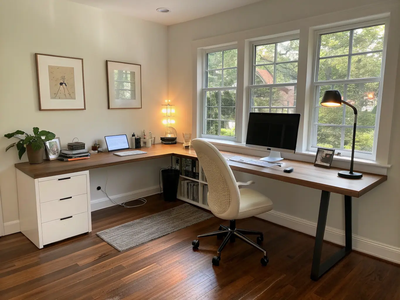 Photorealistic L-shaped his-and-hers office corner with cream boucle and black mesh chairs, warm task lights, cable grommets and raceway, jute rug, snake plant by a sunlit window.