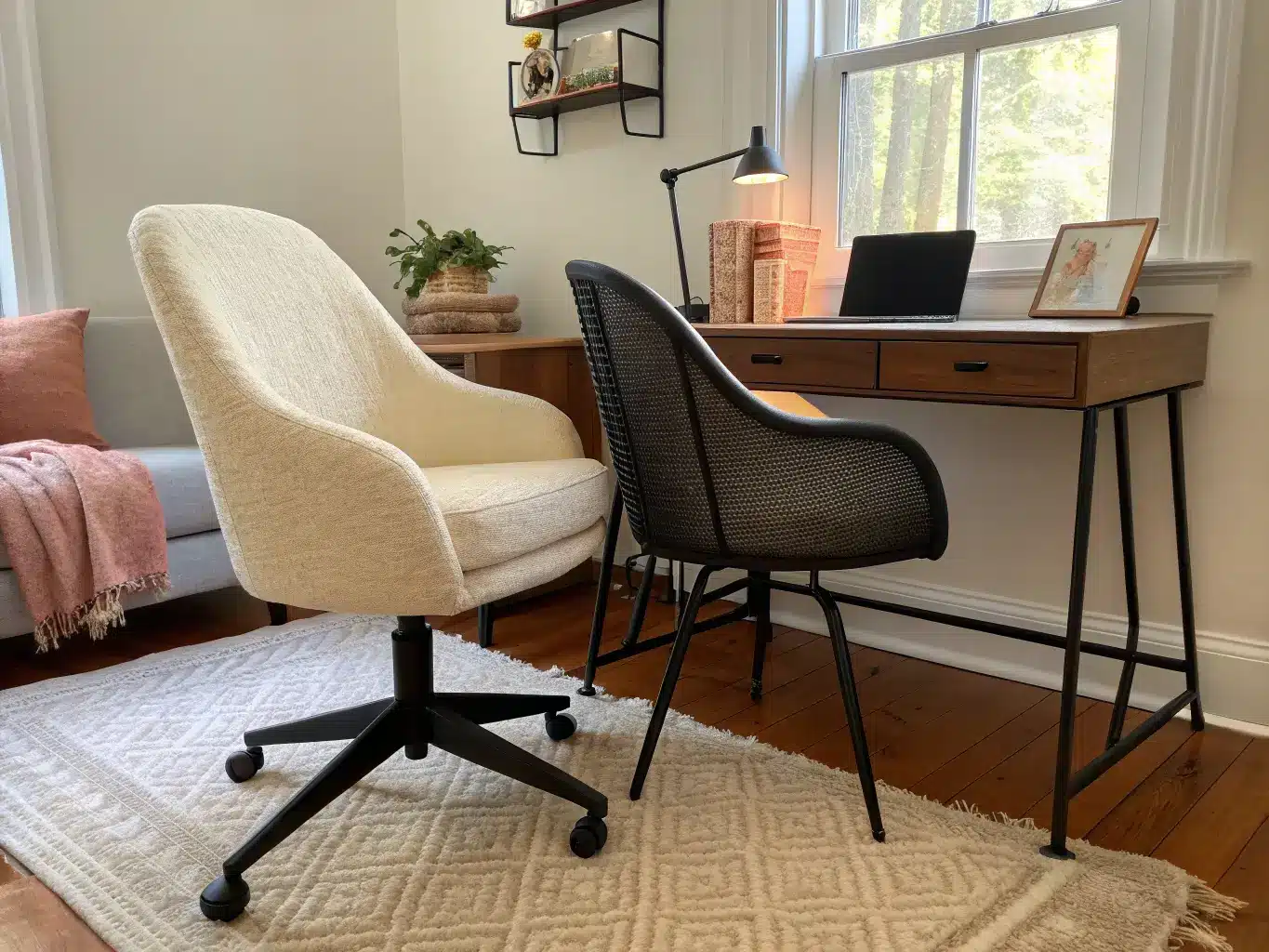 Close-up of two ergonomic office chairs—a cream boucle chair and a black mesh chair—side by side on a jute rug, with warm window light and walnut desks softly blurred behind.