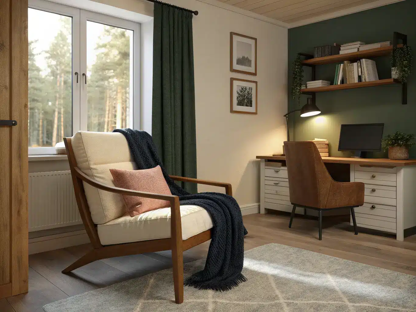 Photorealistic office corner lounge nook with a Poäng-style armchair by a window, cream cushion, dusty rose pillow, and navy blanket in warm afternoon light.