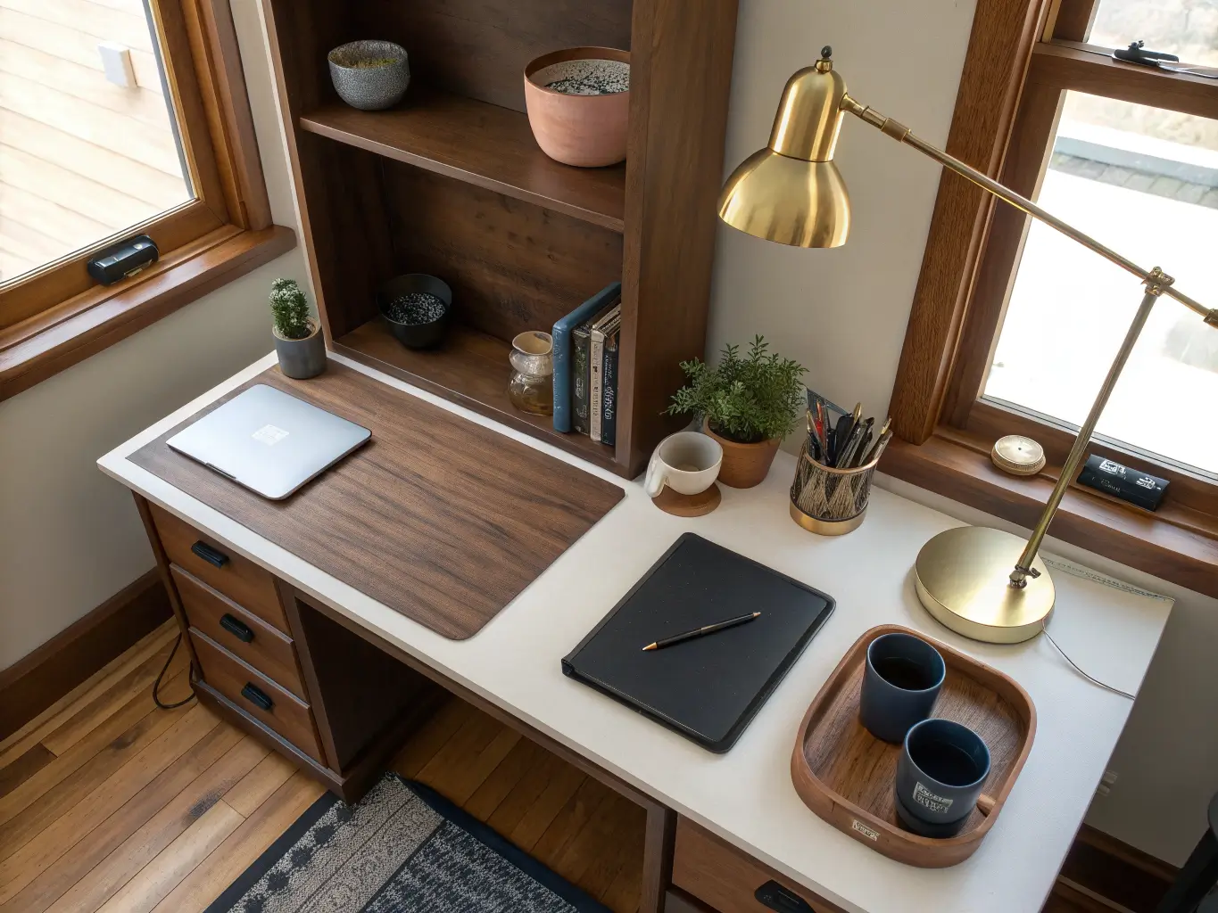 Overhead 45-degree view of a his-and-hers walnut home office desk setup split by shelving, with matching lamps, mugs, plants, and pen trays in warm late-afternoon light.