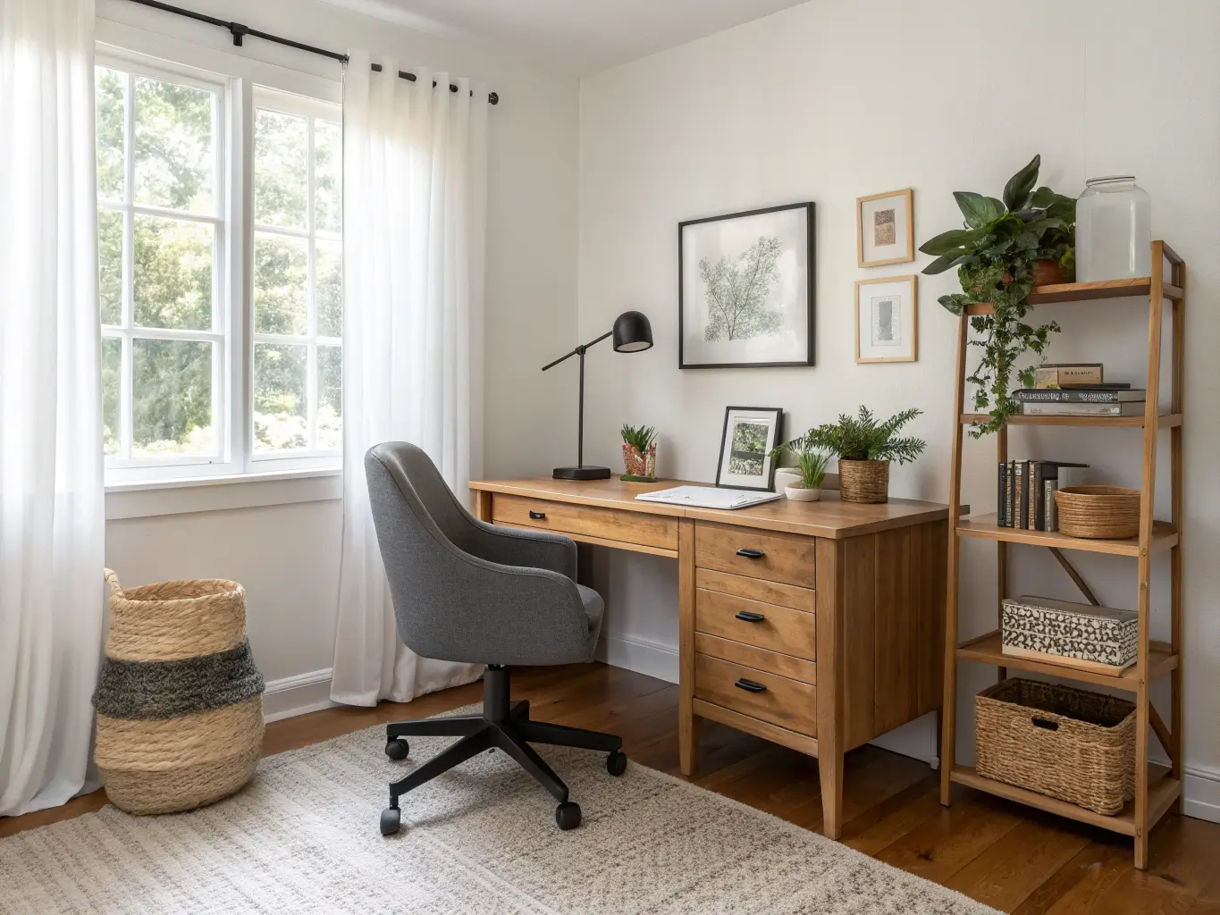 Serene home office with honey-oak desk, charcoal ergonomic chair, floating shelf with plant and lamp, and soft morning light through a sheer-curtained window.