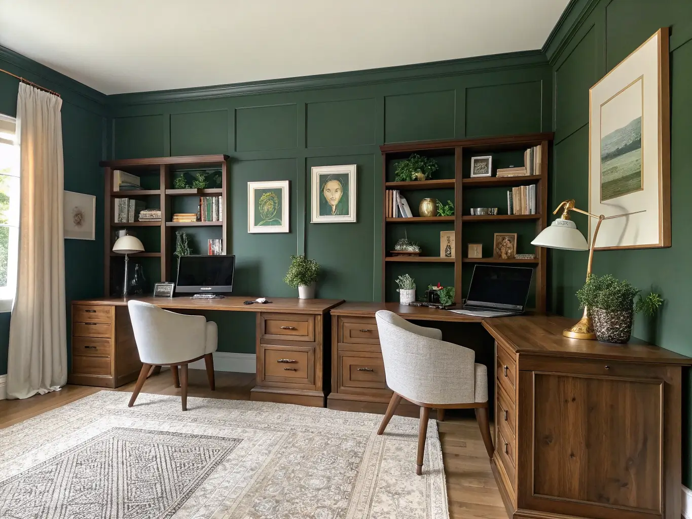 Photorealistic wide shot of a his-and-hers home office with a deep forest green accent wall behind a walnut shelving divider, two back-to-back desks, warm white walls, jute rug, black-framed art, and brass-and-black desk lamps in natural window light.