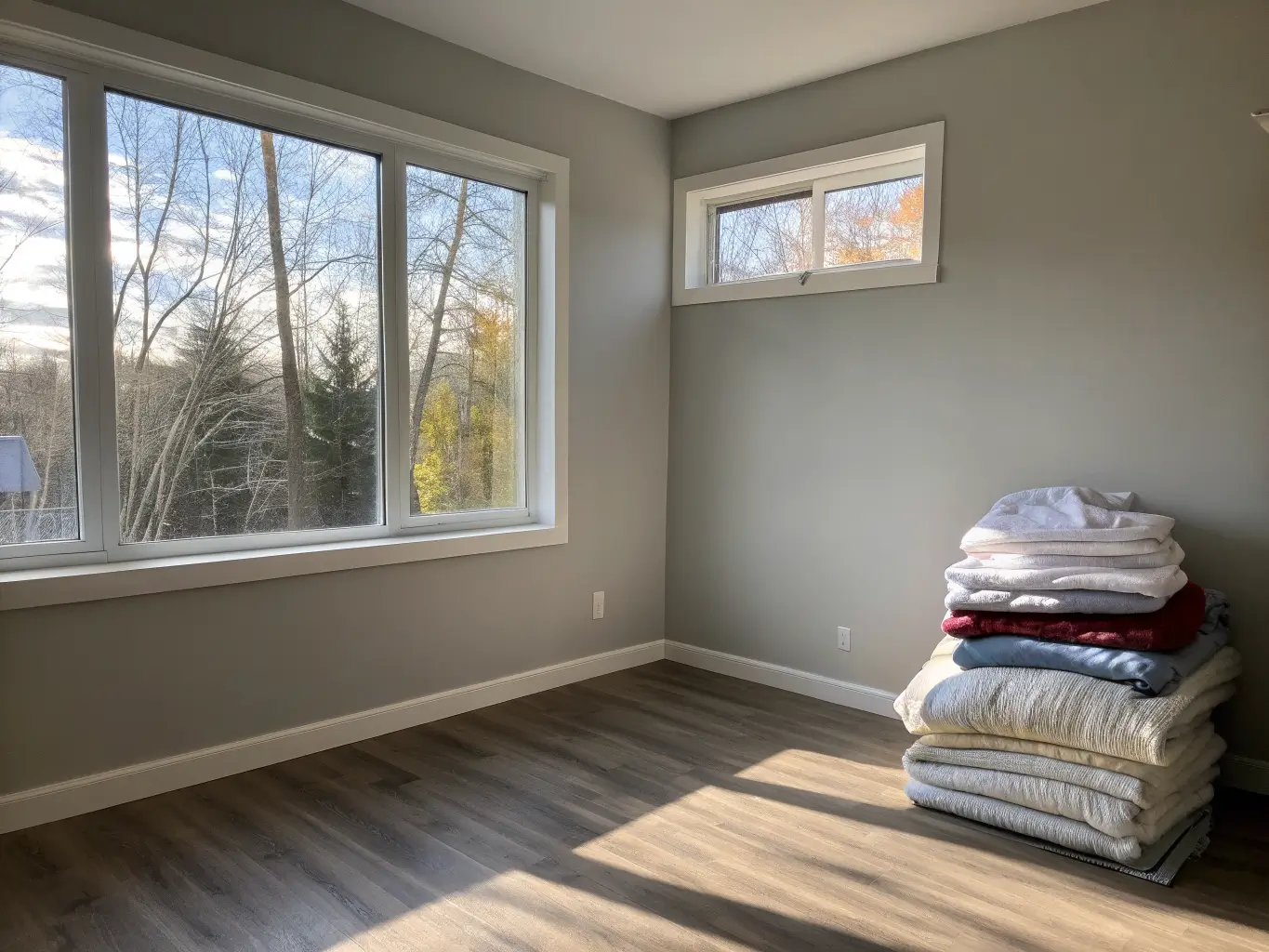 Photorealistic empty bedroom corner by a tall window, folded laundry on the floor in afternoon light with dust motes and a bare windowsill.