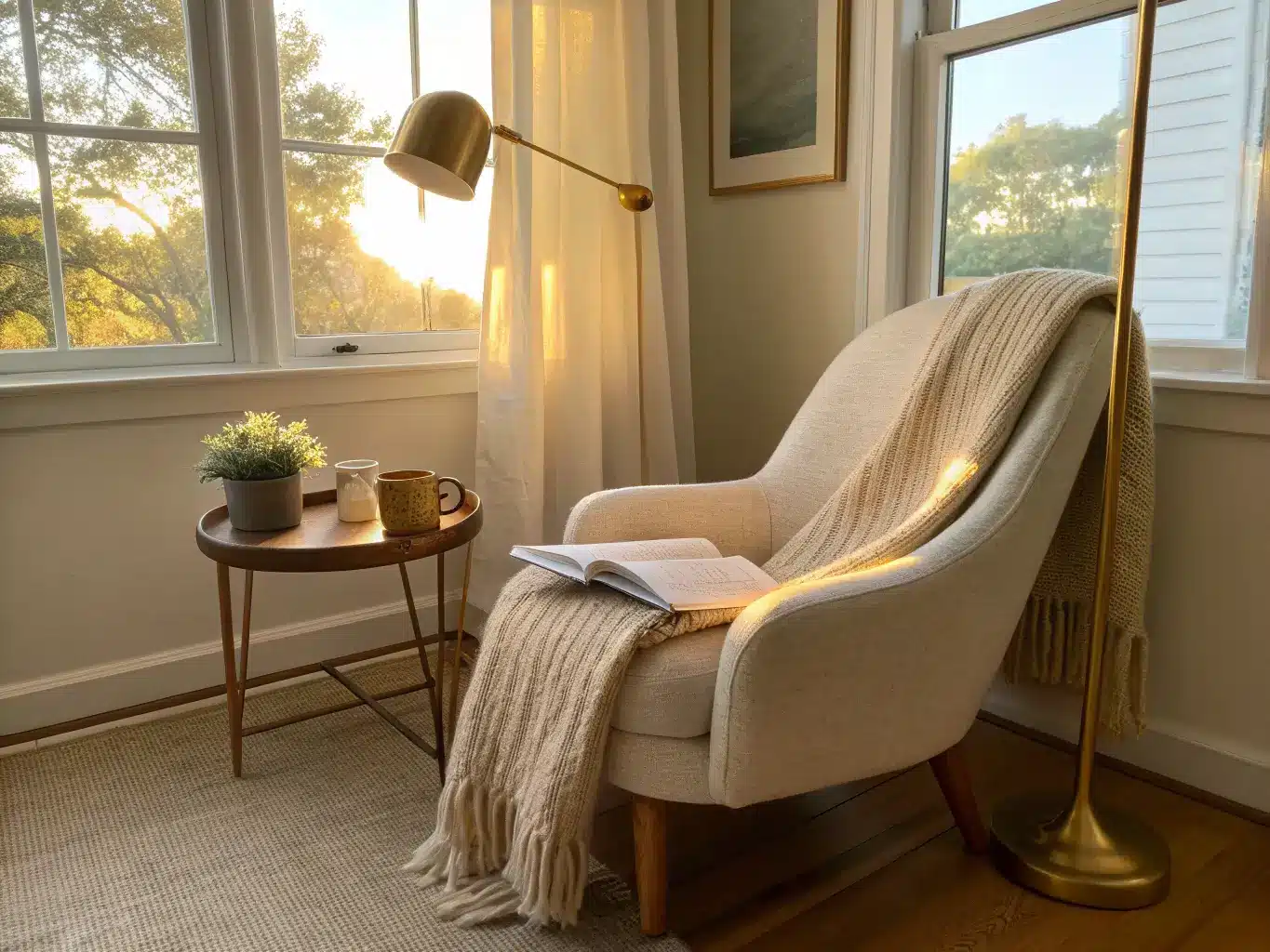 Photorealistic cozy bedroom reading nook in a small corner by a window, with an ivory boucle chair, rattan side table with mug and open book, brass floor lamp, and sand linen curtains in warm late-afternoon light.