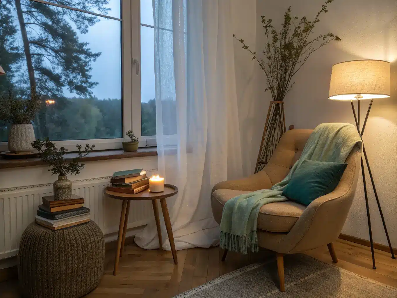 Cozy minimalist bedroom nook at dusk with a camel armchair, warm lamp glow, floating oak shelf with books and vase, and a side table with glasses and a lit candle.