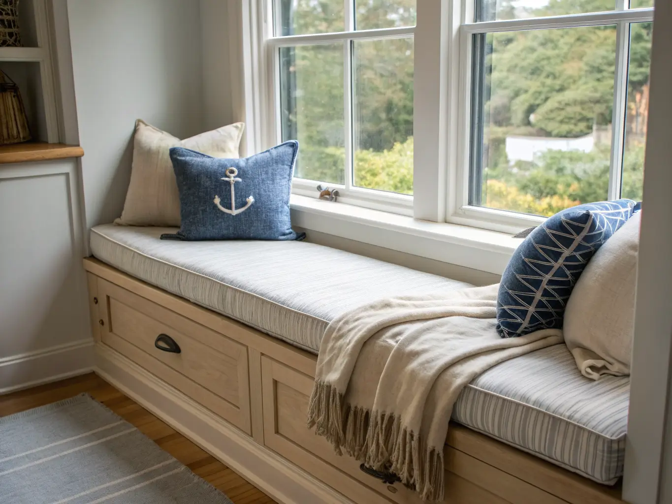 Photorealistic bedroom window seat nook with oatmeal linen cushion, dusty blue bolster pillows, chunky throw, oak framing, and hidden storage pull in soft morning light.