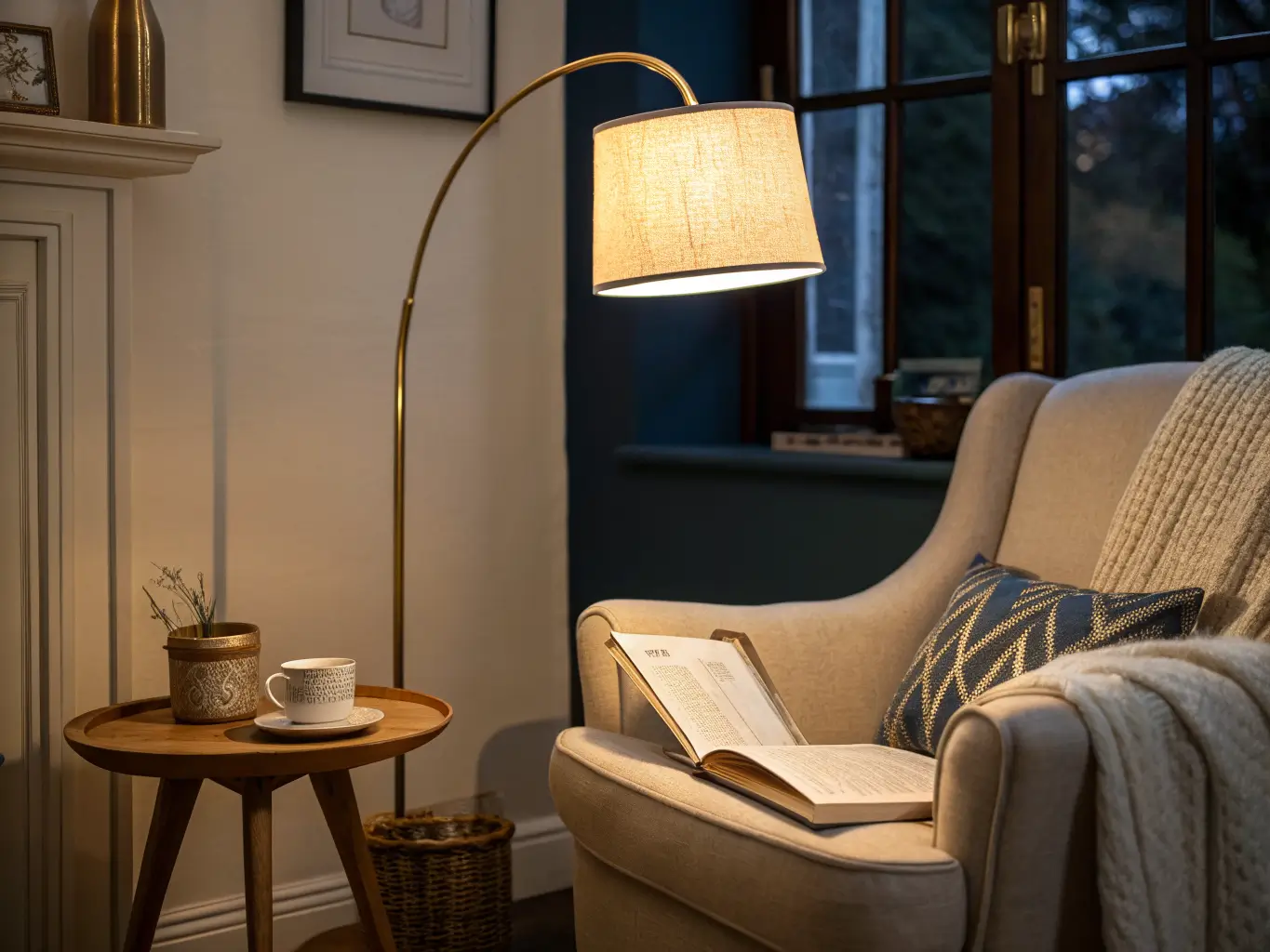 Close-up of a brass arched floor lamp glowing warmly over an open book and steaming mug on an oak side table beside a boucle chair in a dim bedroom nook at night.