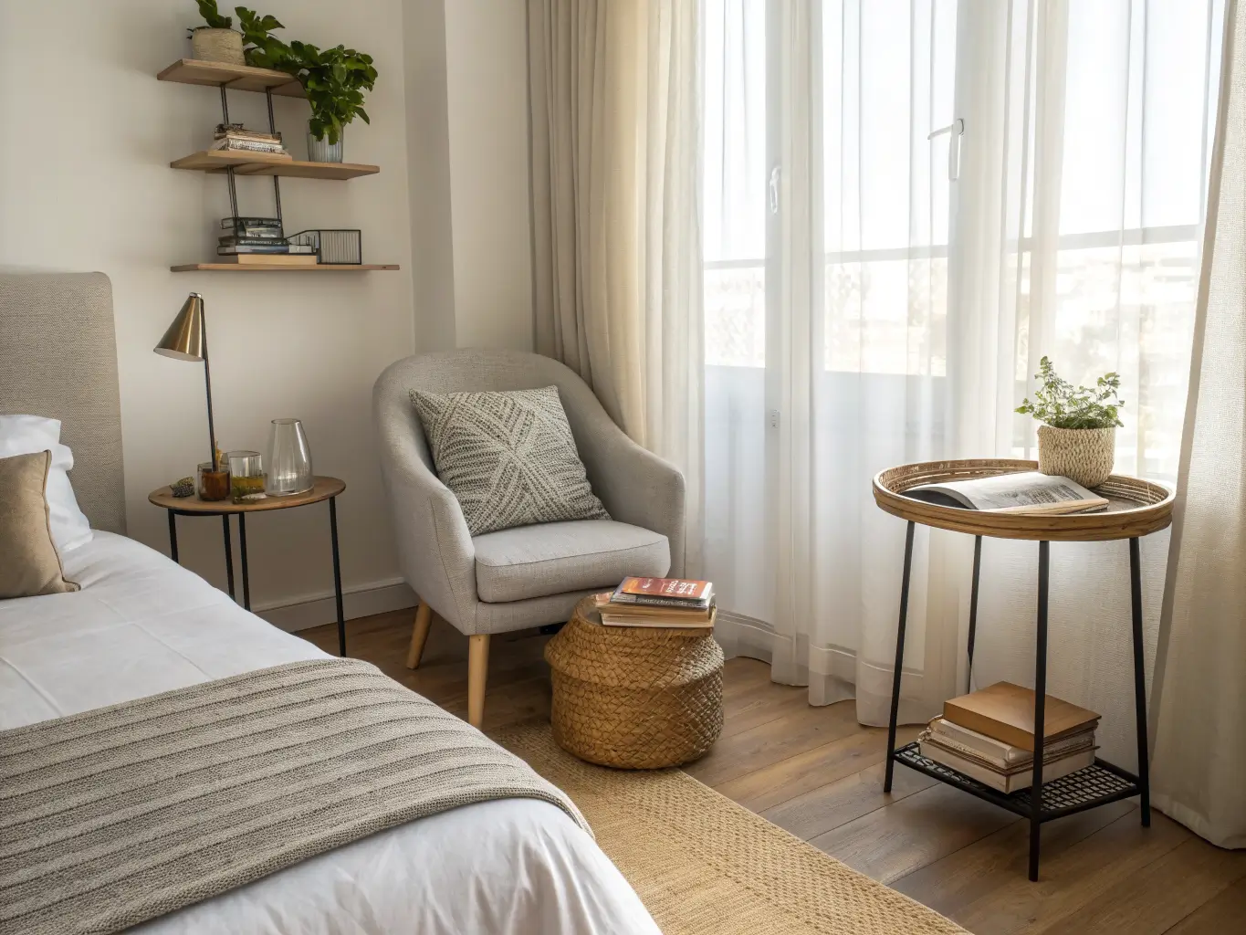 Photorealistic bedroom nook at the foot of a bed with a petite gray slipper chair, rattan side table with glasses and candle, floating shelf with books and plant, and neutral ivory-camel bedding in soft midday light.