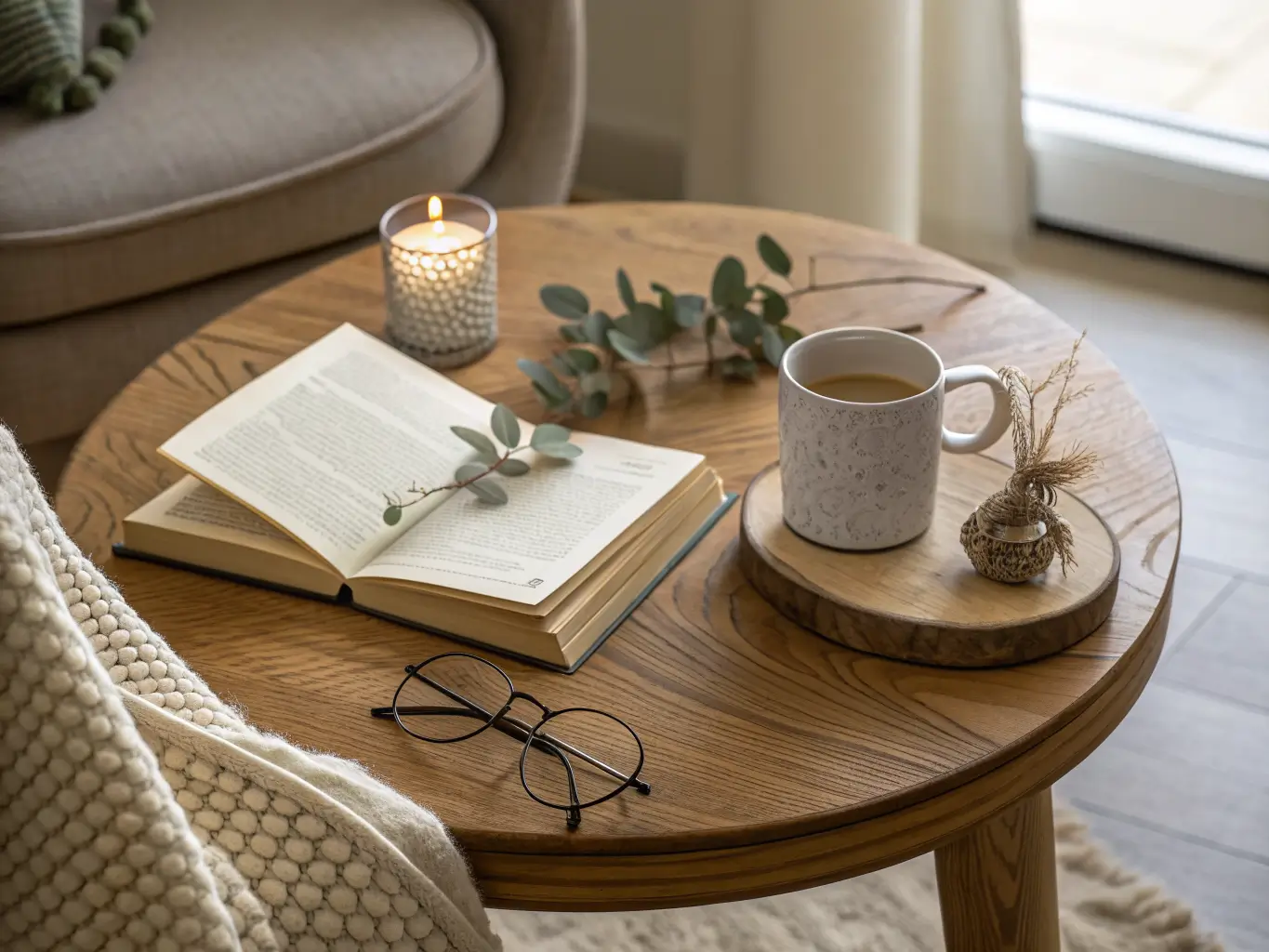 Overhead macro photo of a round oak side table with a linen-bound book, steaming ceramic mug, wire-rim glasses, lit candle, and dried eucalyptus in soft afternoon light.