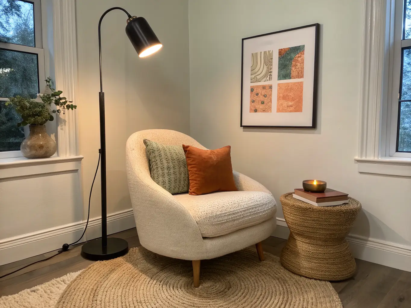Photorealistic modern organic bedroom nook with an ivory boucle armchair, black floor lamp, oak side table, jute rug, and abstract art on a sage wall in warm evening light.