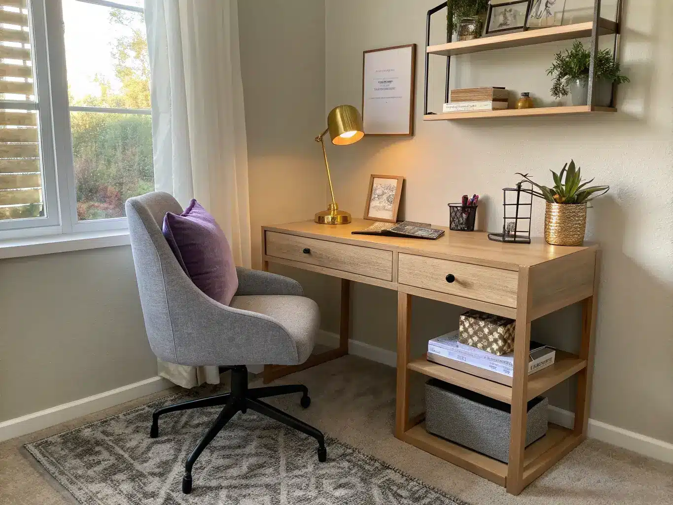 Small bedroom desk nook in warm afternoon light with light oak desk, gray upholstered chair with lavender cushion, brass task lamp, leather organizer, pothos planter, and floating shelf with white boxes.
