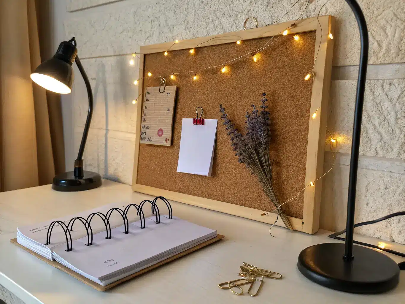 Close-up of a corkboard command center above a white desk, lit by warm LED string lights, holding a blank notepad, dried lavender, and black binder clips, with an oak desk and brass lamp base below against a beige plaster wall.