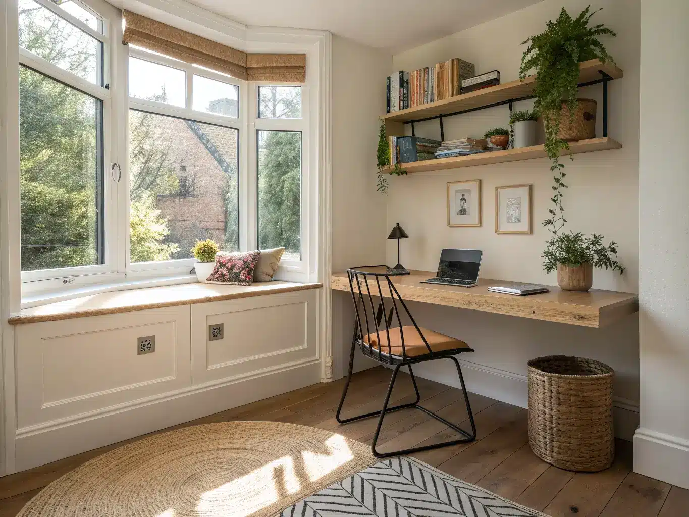 Window-side study nook with a light oak floating desk in a bay window, jute rug, black metal chair with peach cushion, and oak shelves on warm white walls with muted sky-blue textured wallpaper in afternoon light.