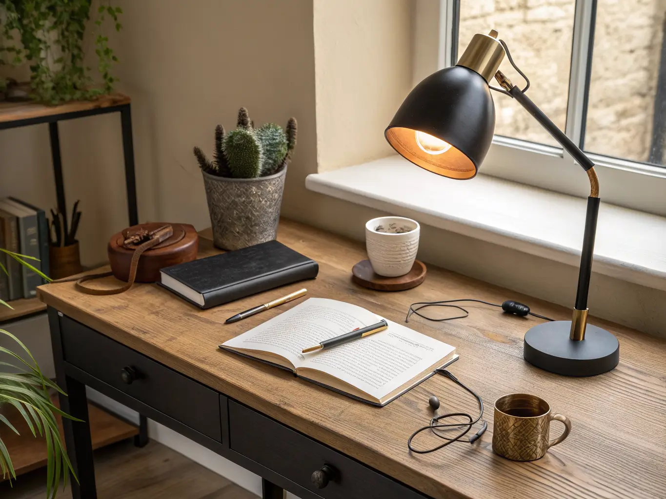 High front-angle view of an oak desk with a warm black task lamp, brass pen cup, open leather notebook, ceramic mug, and pothos plant in a white pot against a muted beige wall.