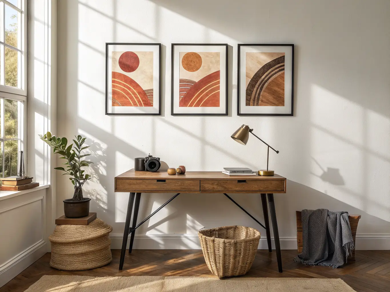 Asymmetrical gallery wall of three black-framed warm abstract prints above an oak study desk with brass lamp and trailing plant, late-afternoon shadows on a warm white wall.