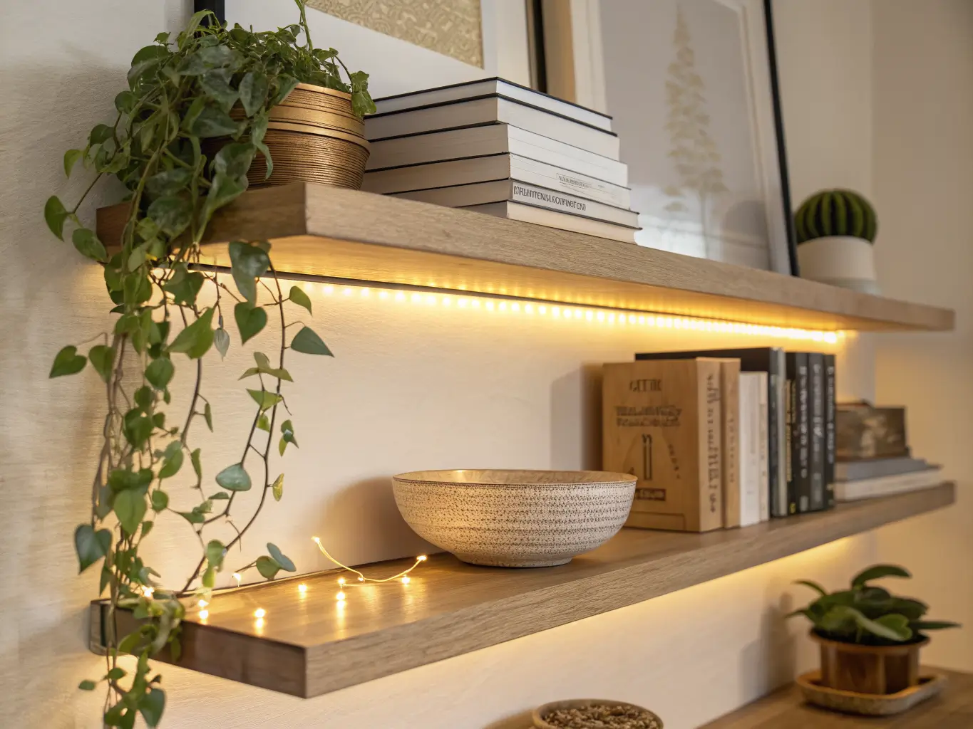 Floating oak shelves above a desk with stacked neutral books, brass bookend, trailing pothos, and a ceramic paperclip bowl, softly lit by warm LED strip lighting on a textured warm-white wall.