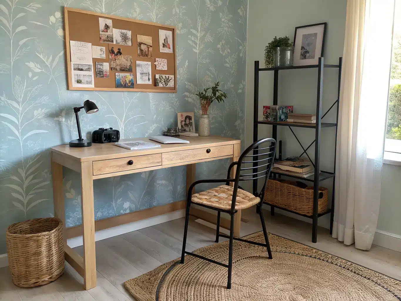 Wide dorm-style study nook with light oak desk, black metal chair on jute rug, soft blue patterned wallpaper, corkboard with photos, and golden-hour window light casting warm shadows.