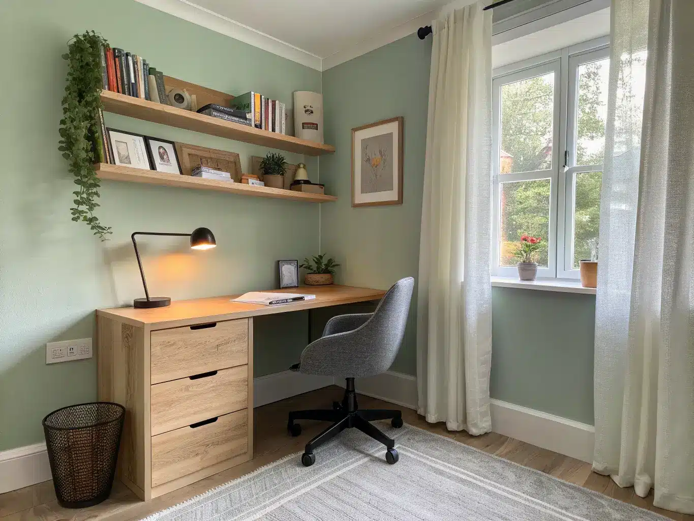 Corner bedroom study nook with light oak floating desk, mesh chair, warm lamp, and shelf with books and pothos by a sheer-curtained window.