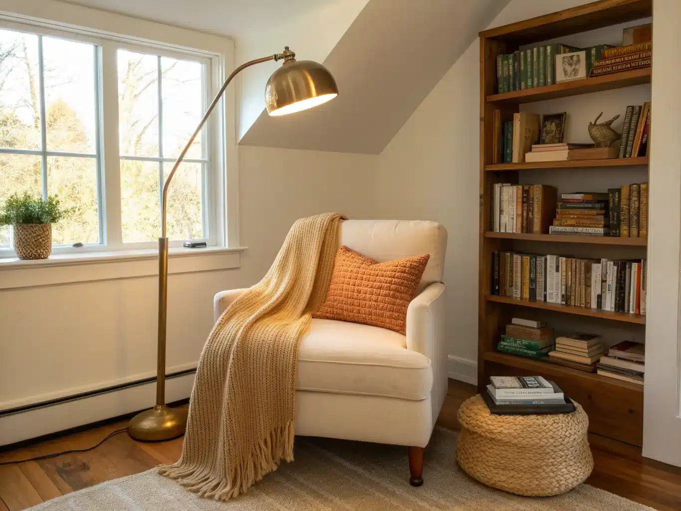 Photorealistic modern cottage corner reading nook with cream slipper chair, camel knit throw and boucle pillow, brass arched floor lamp, floating book shelf, and jute rug in golden afternoon light.