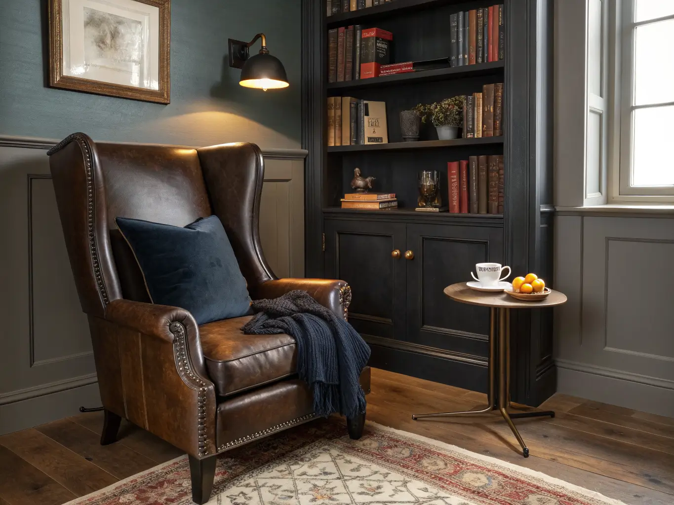 Photorealistic traditional living room alcove reading nook with a charcoal wingback chair, dark wood bookcase, brass side table with teacup and glasses, navy throw, rust velvet pillow, and warm amber sconce light.