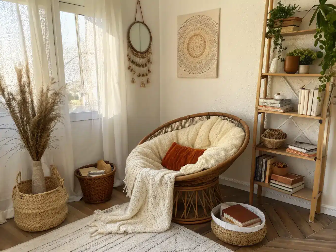 Boho reading corner with a rattan papasan chair on an ivory rug, cream throw and terracotta pillows, seagrass basket with books, macramé wall hanging and shelf, and a tall snake plant in soft sunlit apartment light.