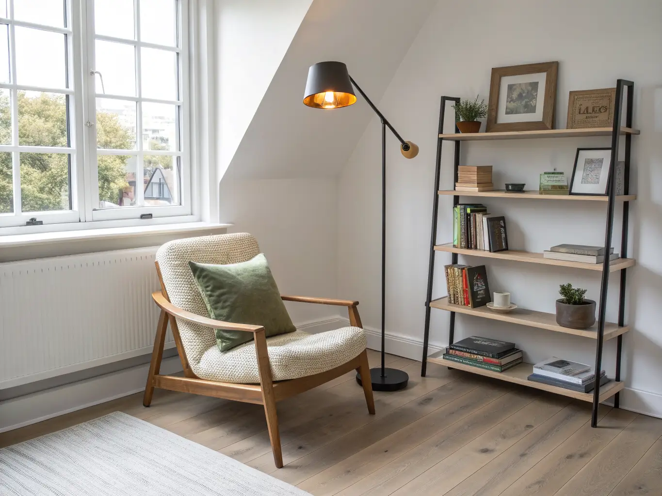 Scandi-minimal reading nook with a pale wood boucle chair, olive pillow, curved black floor lamp, floating shelf with books, and side table by a bright window on white oak flooring.
