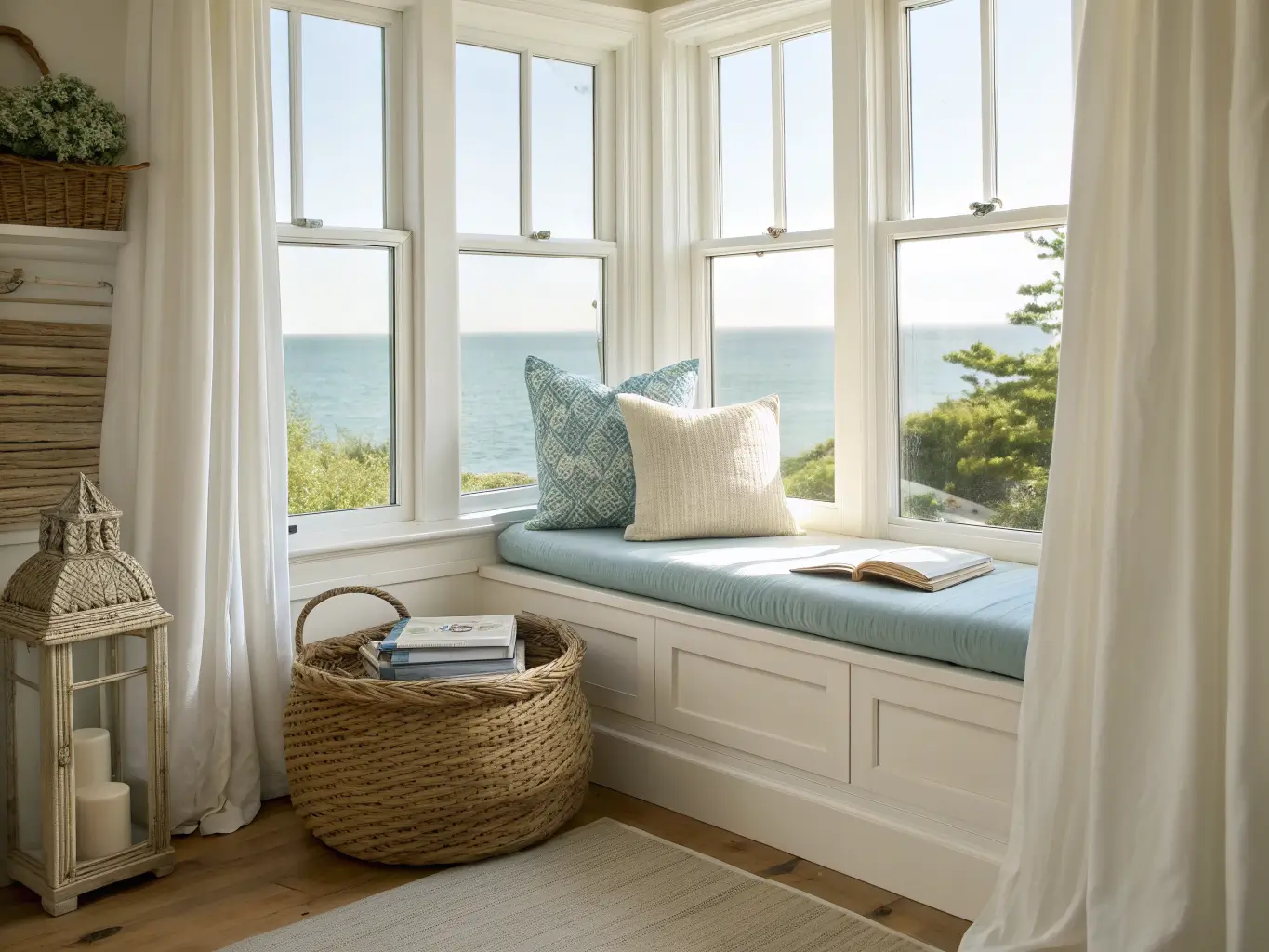 Coastal bay window reading nook with pale wood window seat, cream cushion, blue and woven pillows, driftwood side table with books and water, and rope basket below in bright soft light.