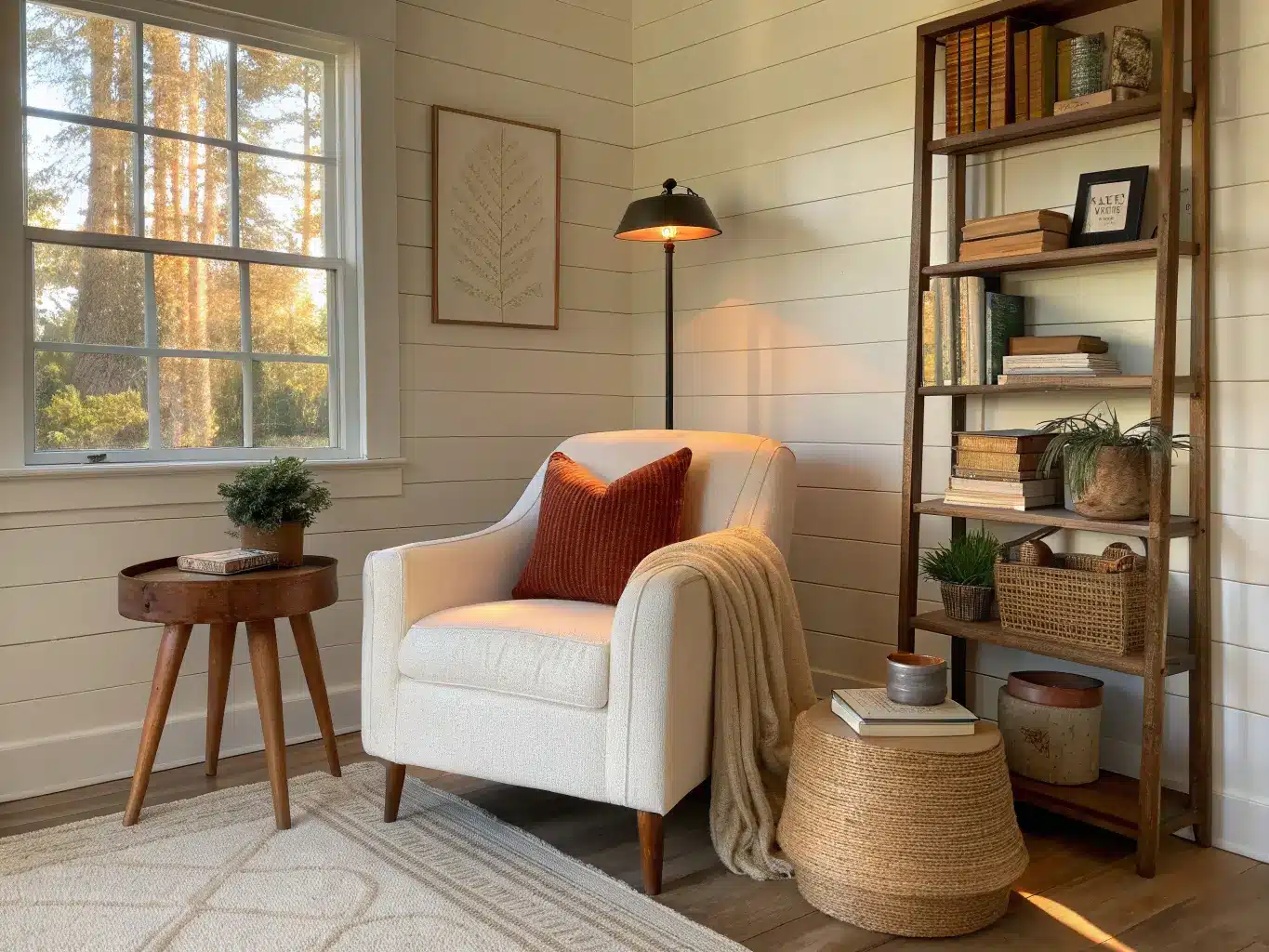 Modern cottage reading nook with warm white linen armchair on a jute rug, ivory throw and rust pillow, wood stool with plant and mug, and a floating shelf of books in golden-hour light.