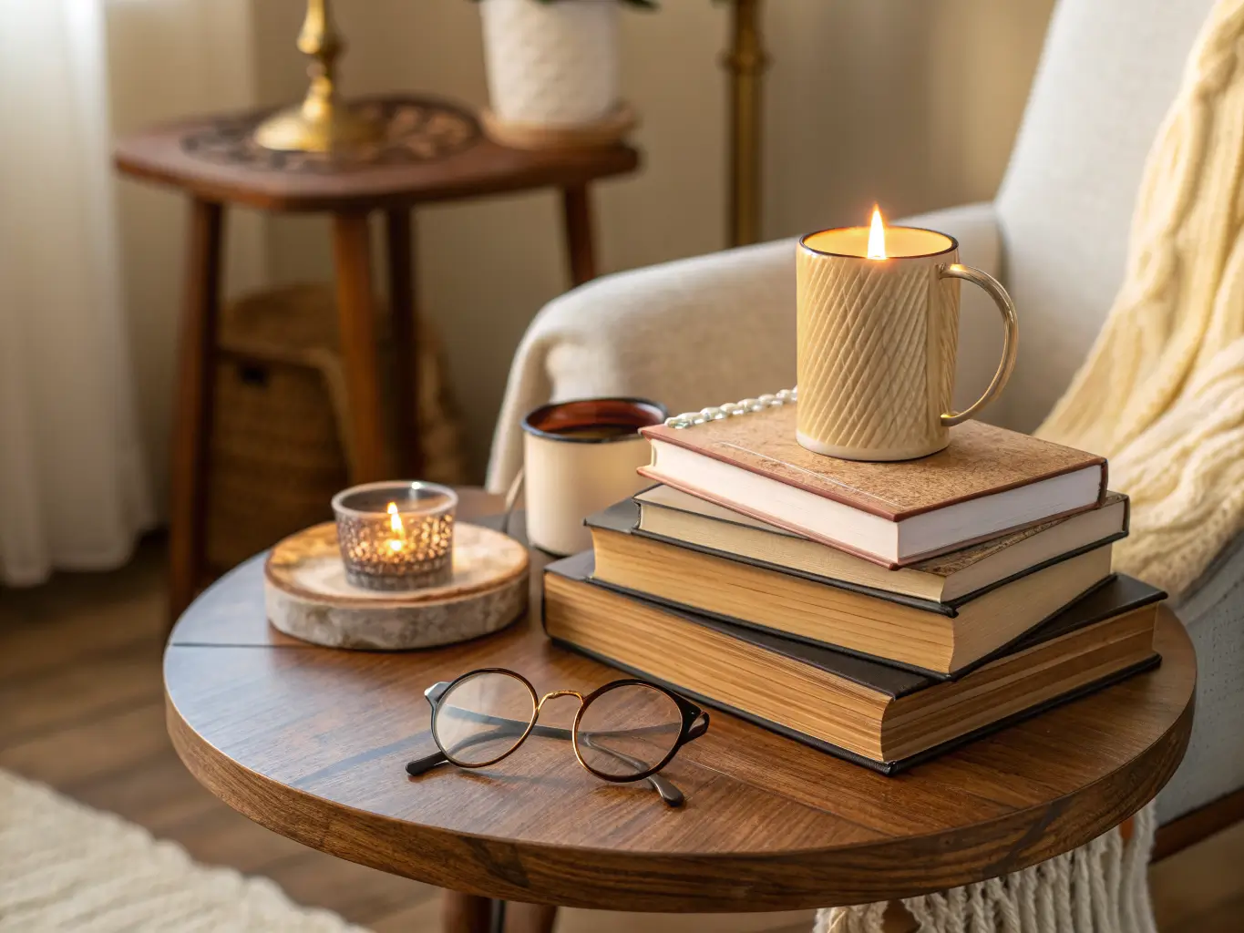 Close-up of a round wooden side table with stacked books, reading glasses, a brass candle holder, and a steaming ceramic mug, softly lit in a cozy reading nook.