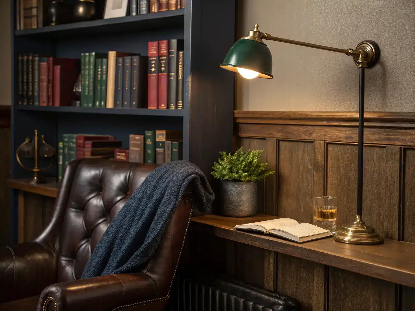 Dimly lit study reading nook with dark wood shelf of green, navy, and burgundy books, brass sconce and bookend, small plant, and wingback chair with navy throw.