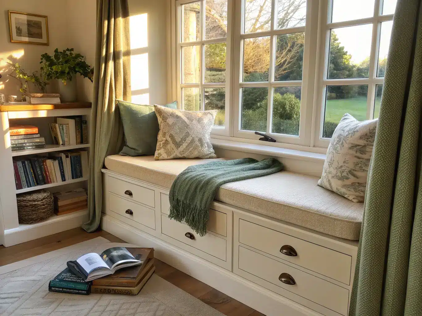 Ultra-realistic sunroom window-seat study bench in a deep alcove with linen cushion, sage curtains, brass-pull drawers (one ajar with blankets), books and mug on the seat, and golden afternoon light with visible dust motes.