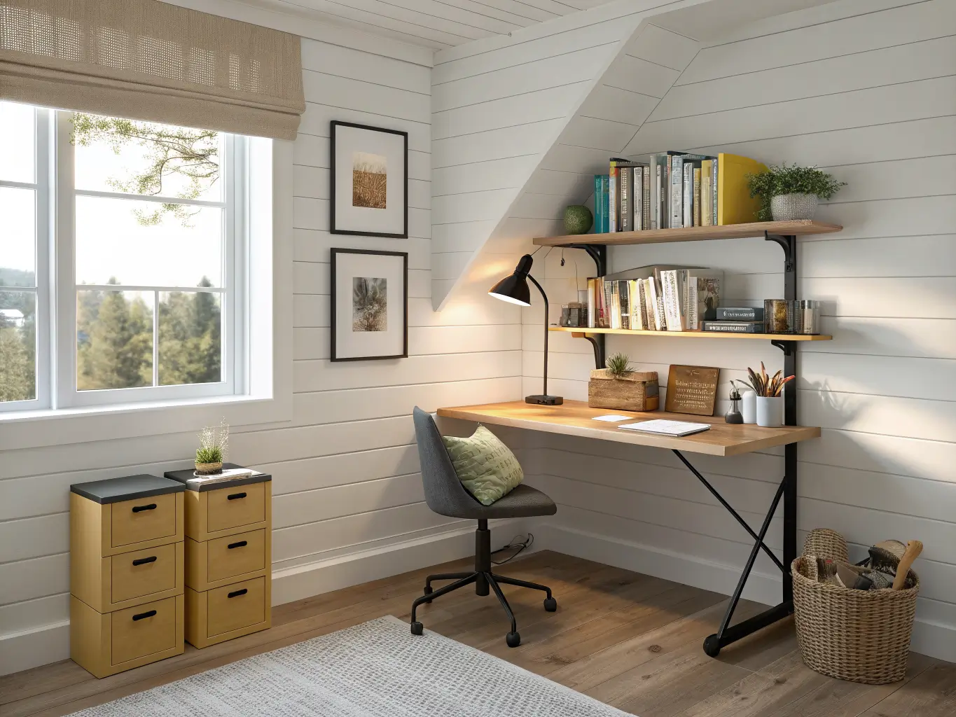 Photorealistic child’s bedroom corner study nook with fold-down oak desk on white shiplap, late-afternoon sunlight, mustard organizer, black lamp, adjustable chair with sage cushion, floating shelves with bins, pothos, books, and an oatmeal rug.