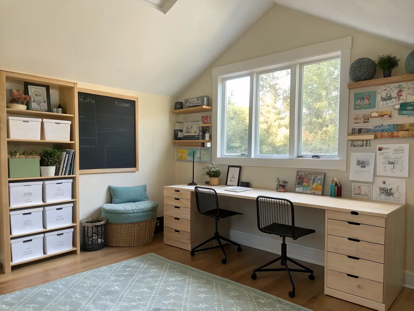 Photorealistic wide shot of a shared kids’ bedroom with a T-shaped plywood desk dividing two workstations, two black adjustable chairs with sage and pale blue cushions, floating shelves with labeled bins, and a chalkboard between desks lit by morning window light.