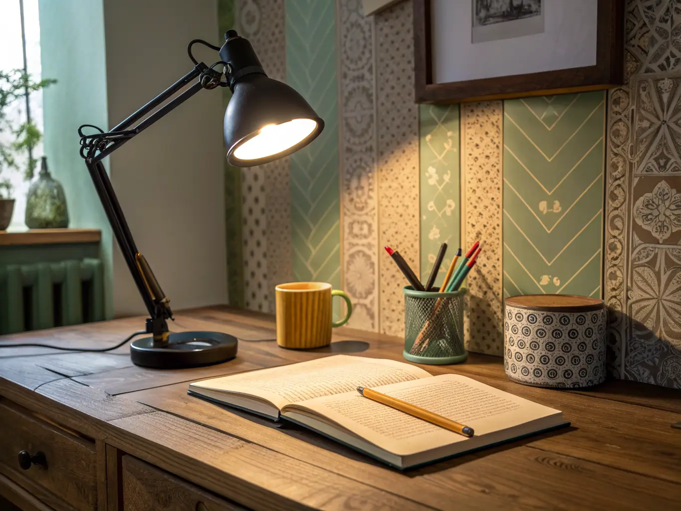 Close-up study corner with wood desk, black articulating lamp casting warm light on an open notebook beside a mustard yellow pencil cup, sage green geometric wallpaper accent panel behind.