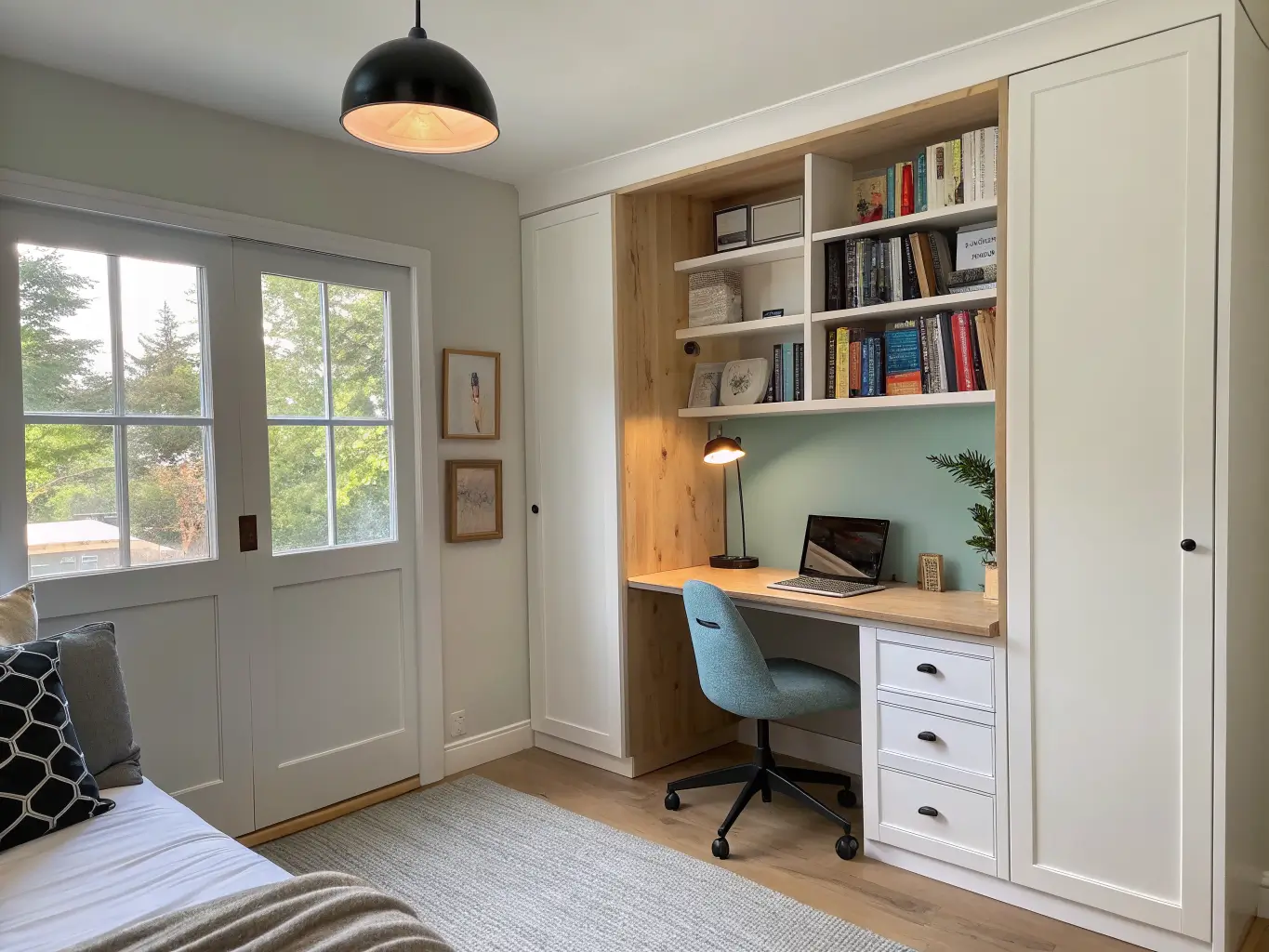 Converted closet study nook in a child’s bedroom with a fold-down white and oak desk, black lamp, blue organizer, tree-shaped bookcase with books and snake plant, and a gray rug under soft daylight.