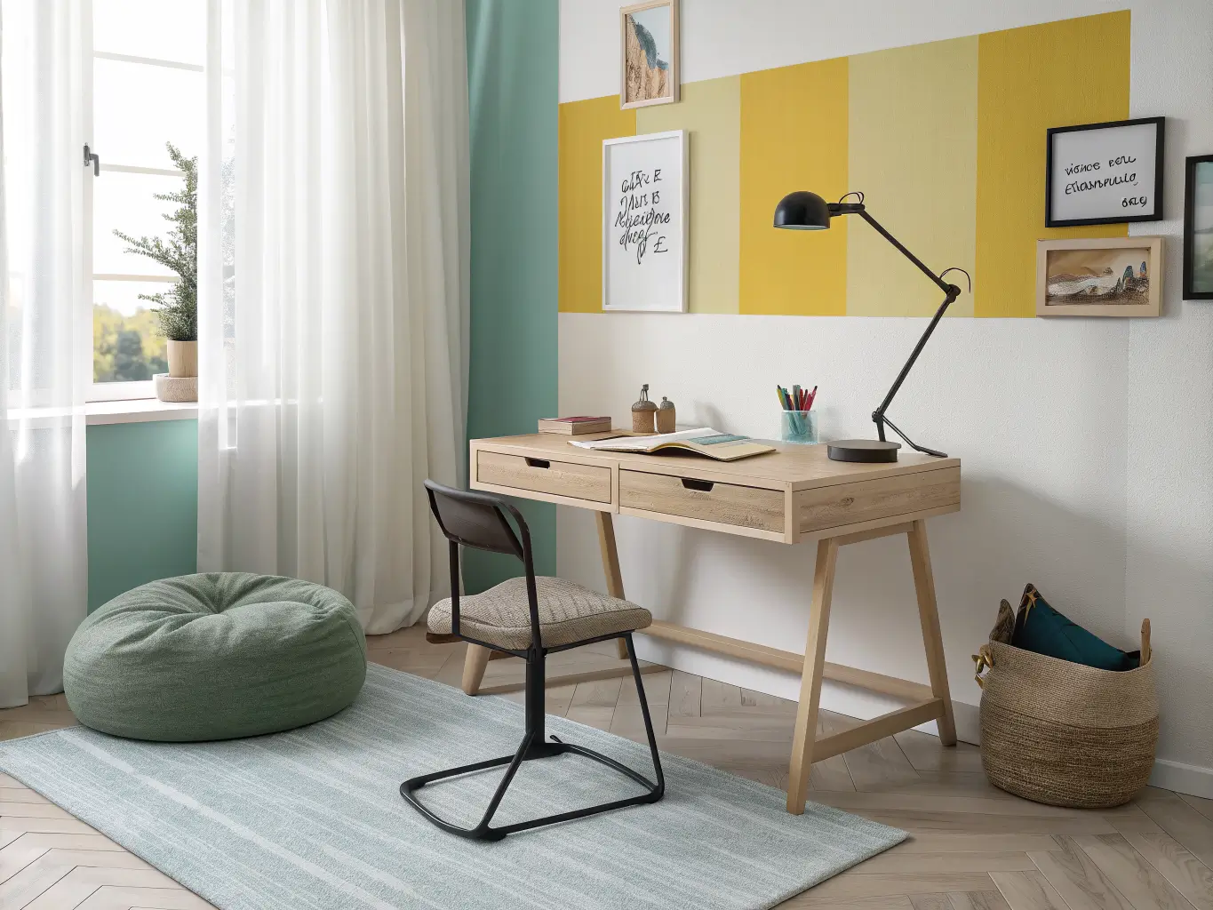 Study nook in a playroom with a light wood desk against a mustard-yellow accent square, pale blue rug, black lamp, and chair with sage cushion, play area blurred in the background.