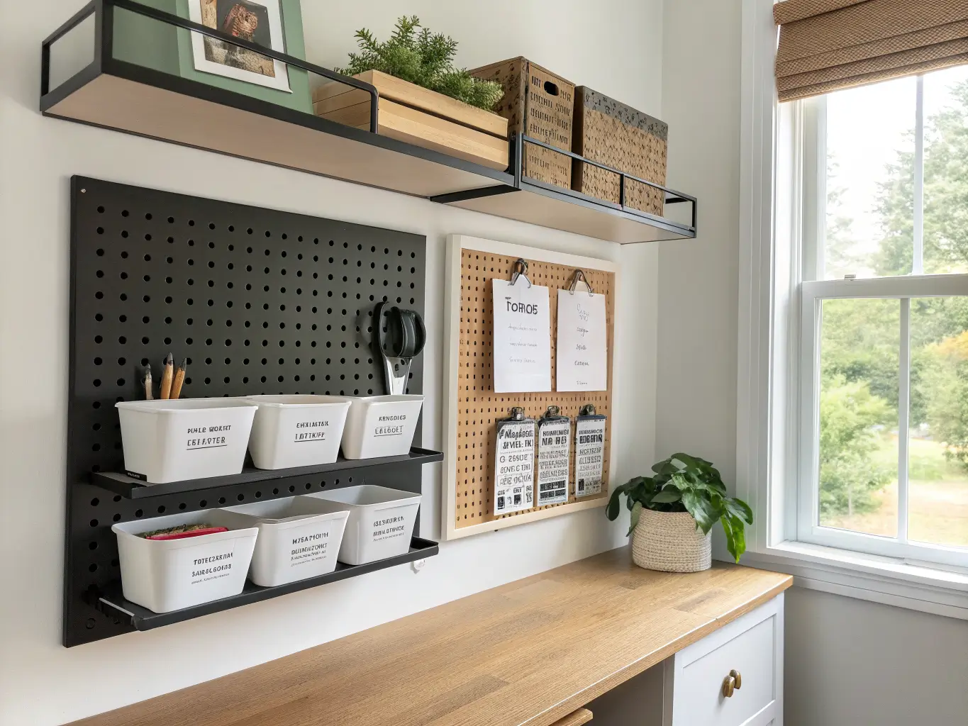 Open shelving and black pegboard organizer above a child’s desk with labeled bins, supplies, cork board print, canvas baskets, books, and a pothos plant in soft natural light.