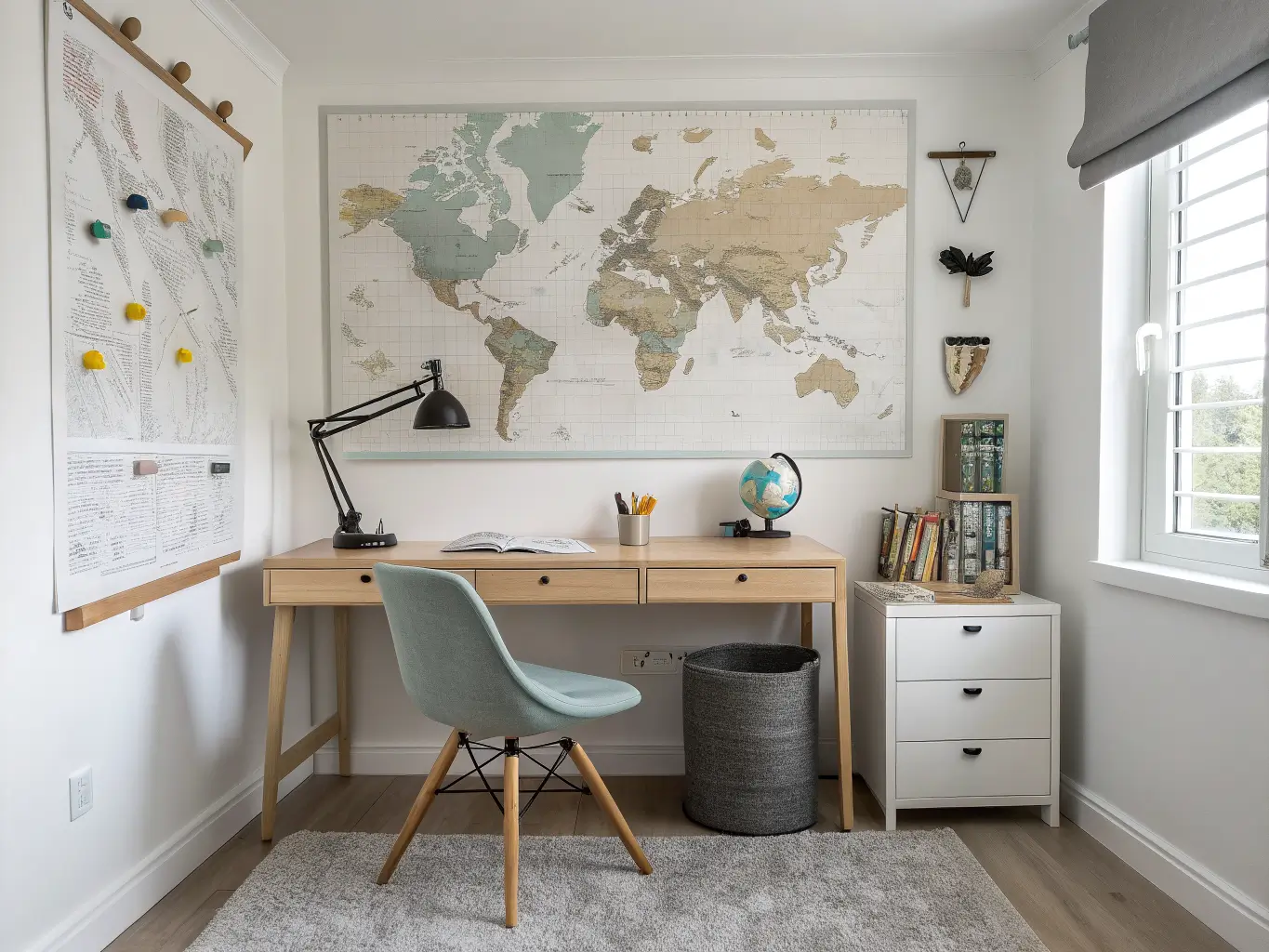 Wide-angle photo of a children’s study room with a muted world map above a light wood desk, black lamp, mustard pencil cup, notebook, pale blue chair cushion, and soft gray rug in even daylight.