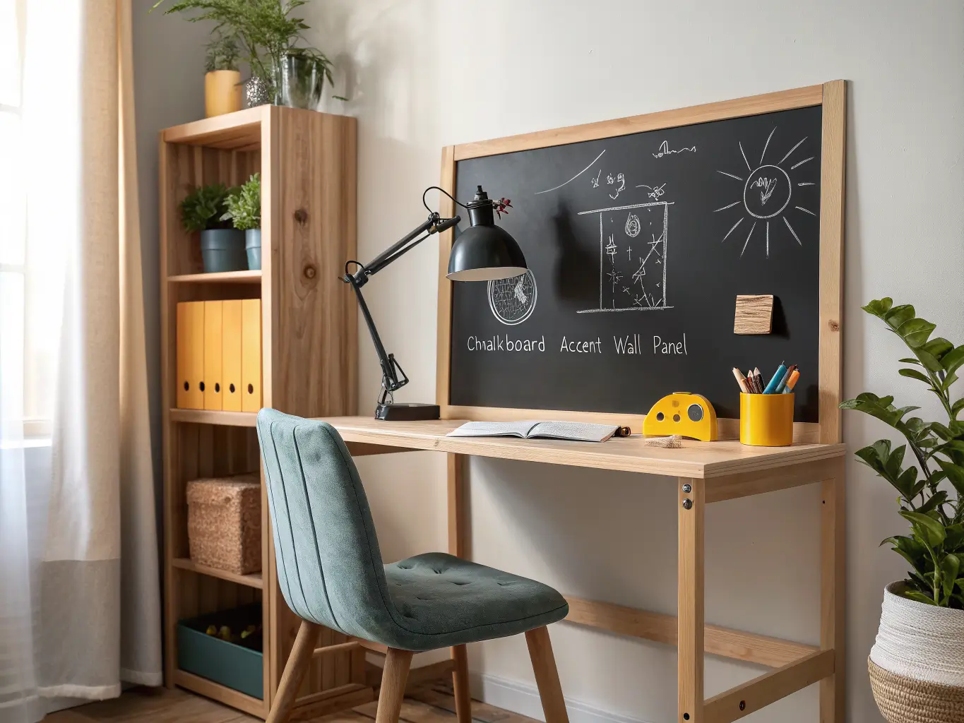 Chalkboard accent wall with light wood frame and faint chalk doodles beside a child’s oak desk with black lamp, mustard organizer, and pothos in warm afternoon light.