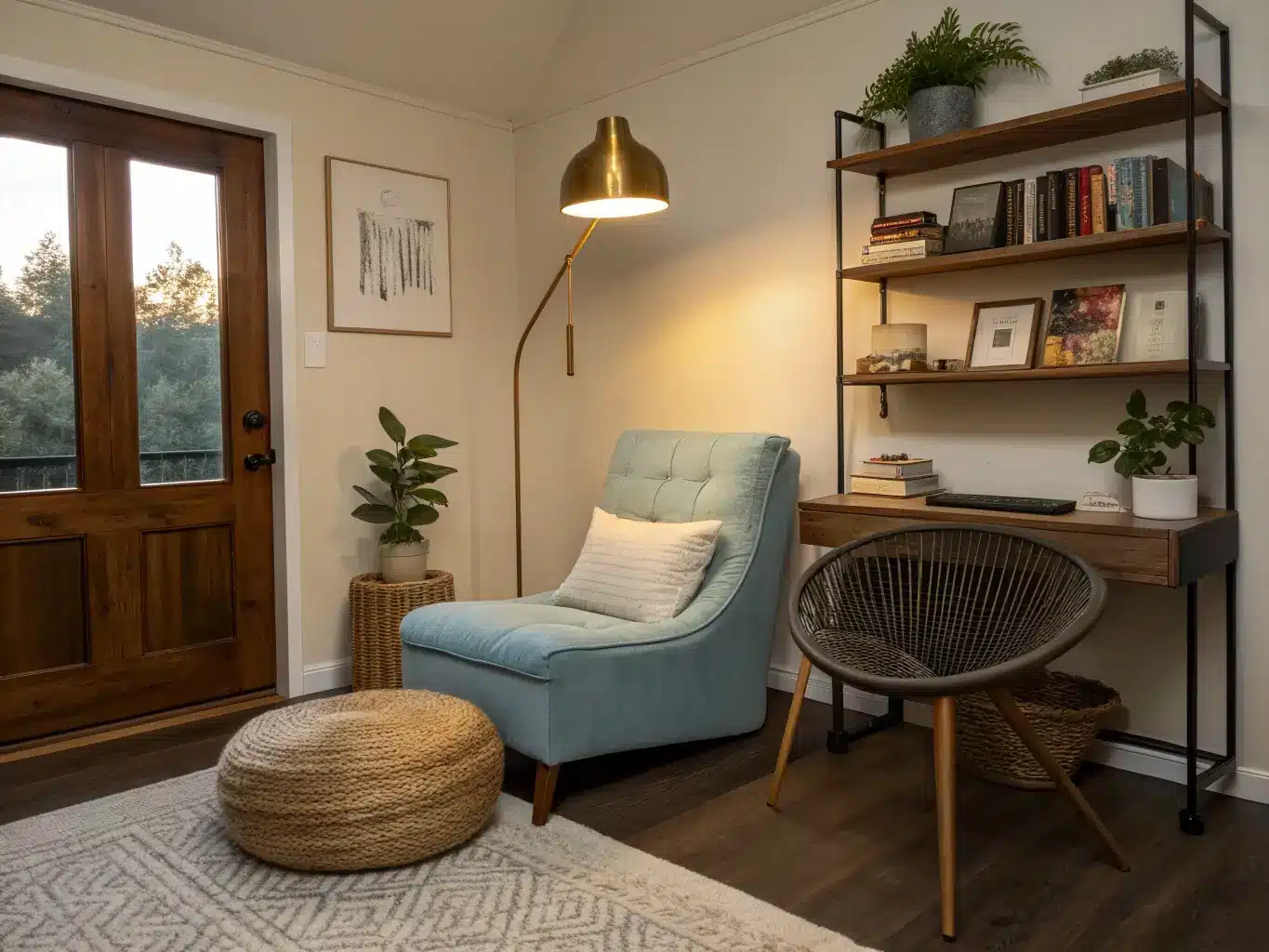 Wide view of a teen bedroom study-lounge at dusk with a light-wood desk and shelves on the left, a soft blue reading chair and side table on the right, warm amber lamp lighting, and a charcoal-bordered rug connecting the spaces.