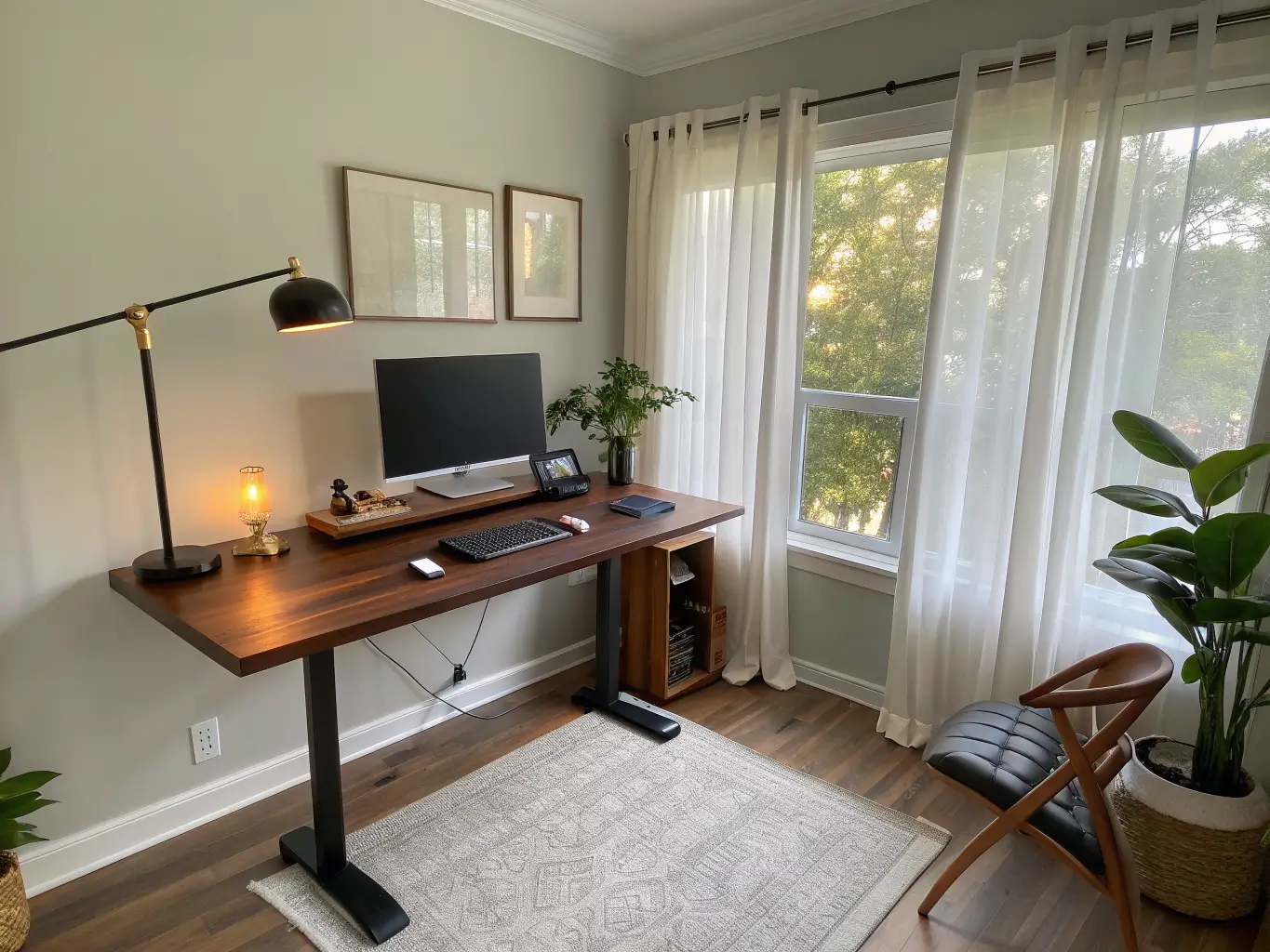 Photorealistic modern home office with a walnut standing desk, ultrawide monitor, brass lamp, pothos plant, and soft light through sheer curtains.
