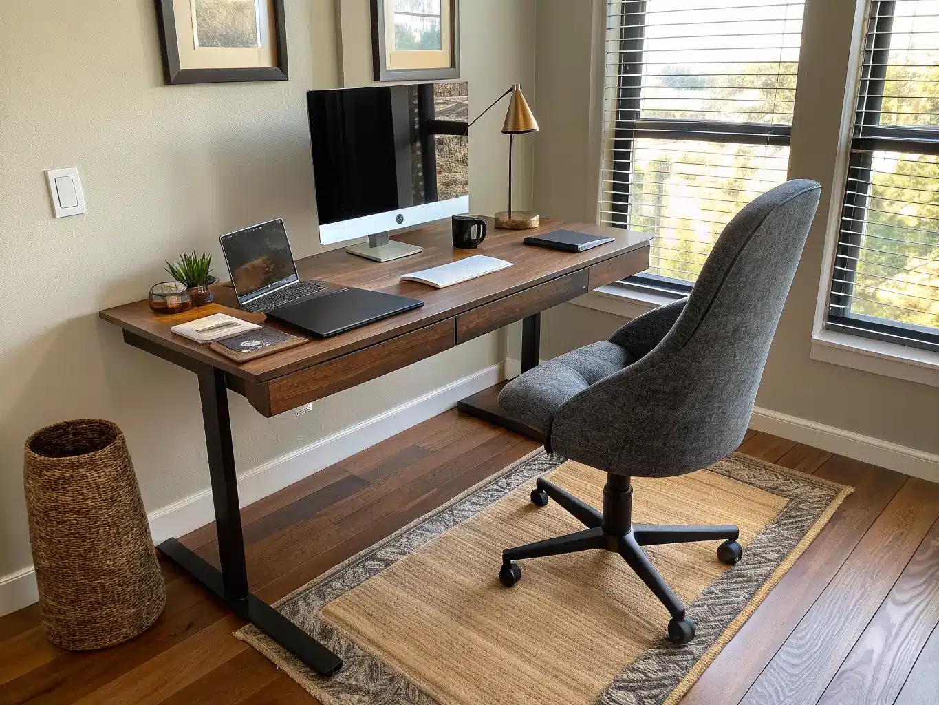 Close-up of a walnut-and-black-steel home office desk lowered to seated height, with a charcoal ergonomic chair, dual monitors on a black arm, leather desk pad, bamboo pen tray, and pampas stem vase in warm afternoon light.