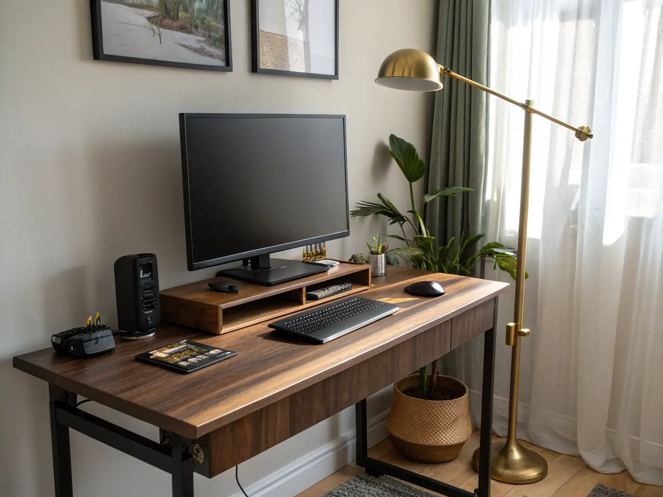 Low-angle close-up of a walnut standing desk with black monitor arm and tidy cable tray, brass task lamp, and soft afternoon shadows from a sheer curtain.