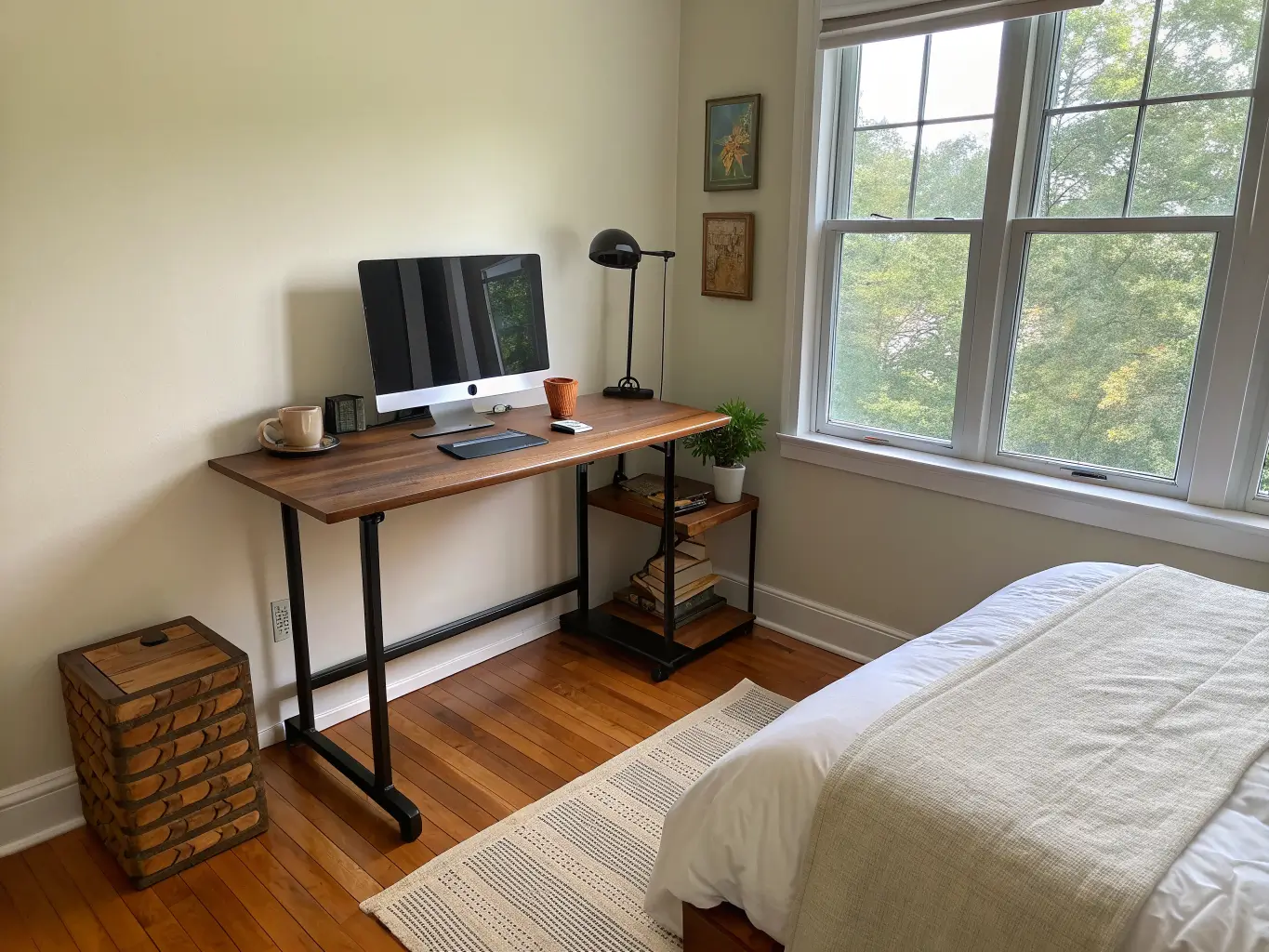 Photorealistic bedroom corner standing desk nook with walnut top and black frame, single monitor arm, brass lamp, terracotta mug, and softly blurred linen bed in warm morning light