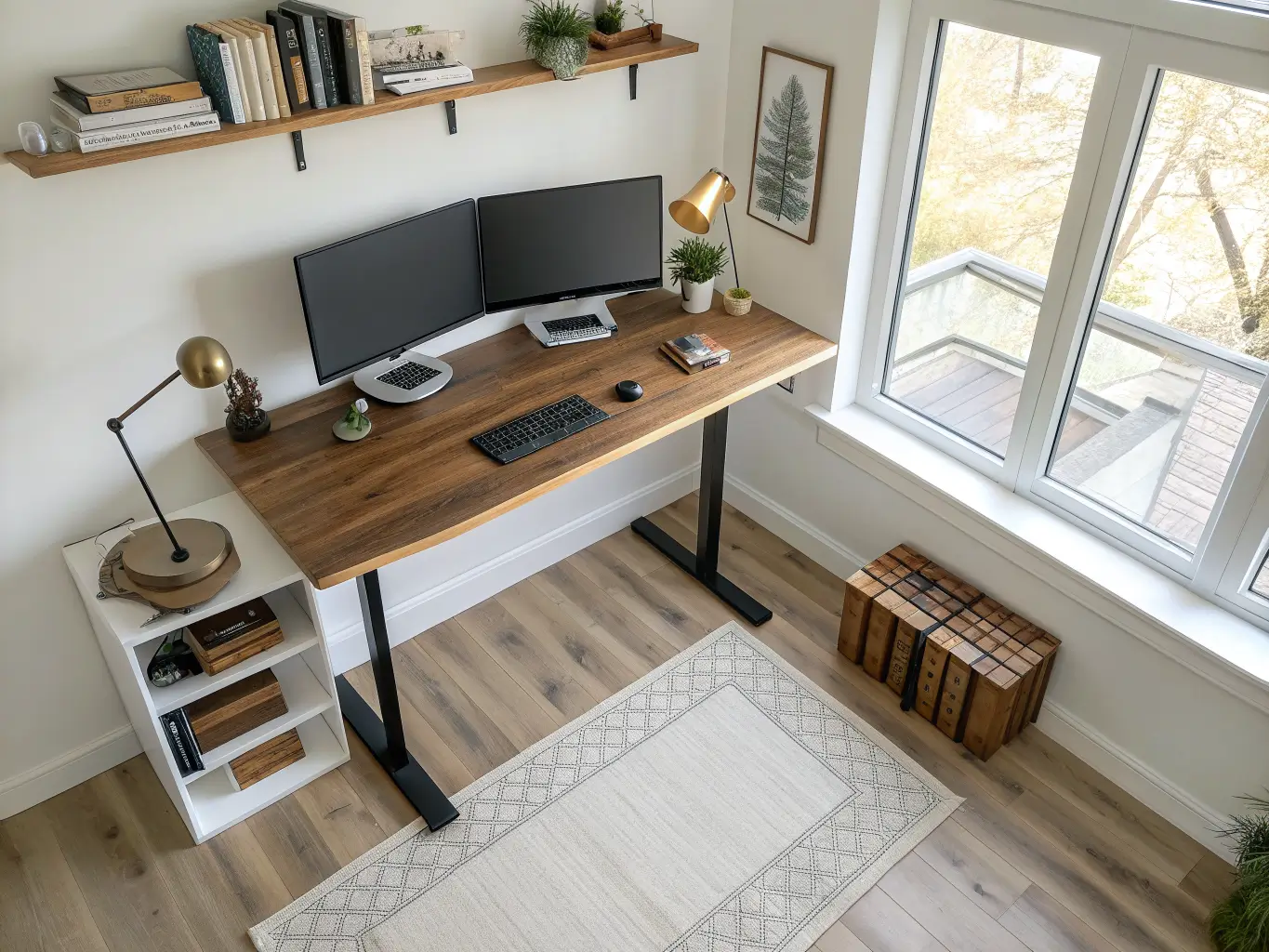 Overhead 45-degree view of a raised walnut standing desk with dual monitors on black arms, books and vase on a left riser, brass lamp on the right, leather desk pad, and gray anti-fatigue mat in a sunlit home office.