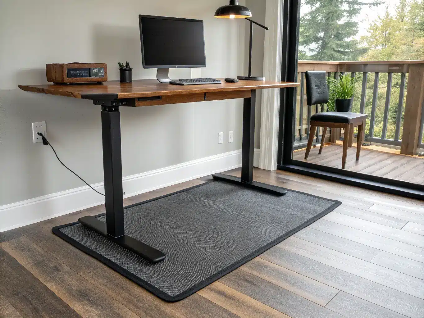 Low-angle view of a charcoal anti-fatigue mat on light oak floor beneath a walnut top, black steel standing desk legs in warm afternoon light.