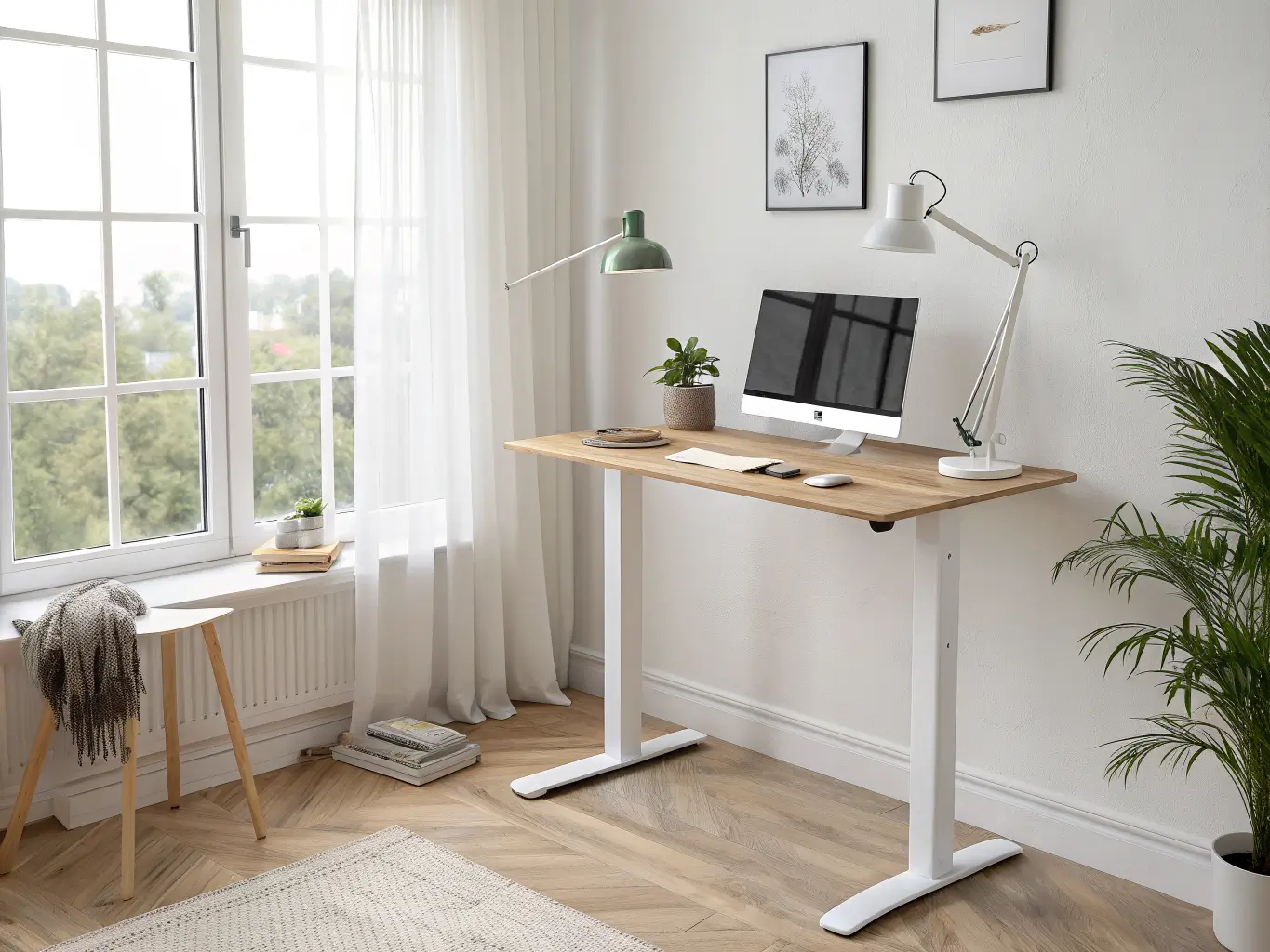 Minimalist Japandi home office with white standing desk, light oak top, monitor arm, snake plant, and soft daylight by sheer curtains