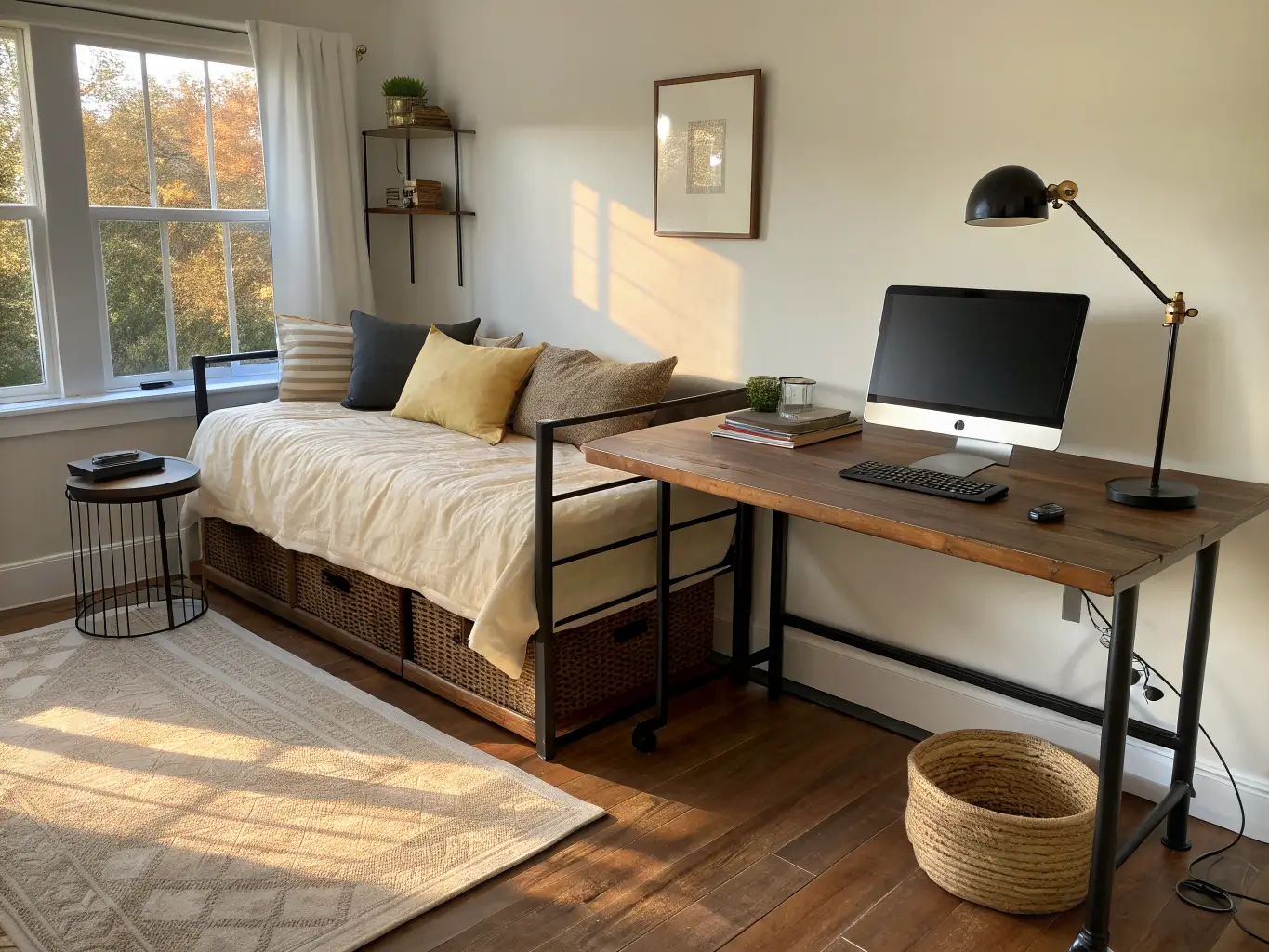 Photorealistic shared home office and guest room with a walnut standing desk and daybed in warm neutral linens, lit by golden late-afternoon light.