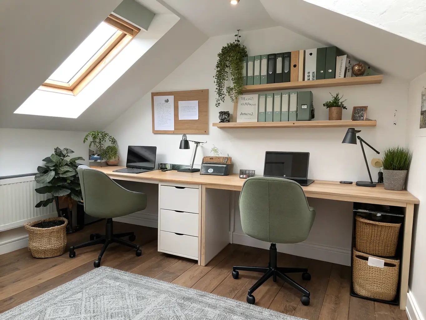 Symmetrical loft home office with two matching oak desks under a skylight, sage ergonomic chairs, shared shelf and corkboard, and neutral decor.