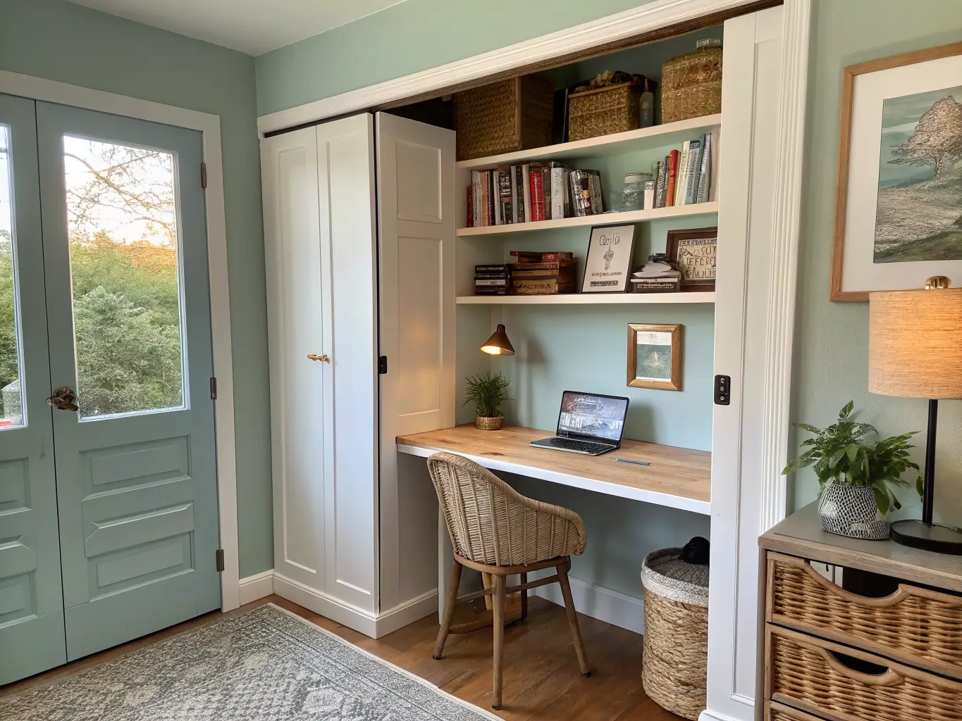 Converted reach-in closet study nook with floating light-wood desk, built-in shelves with books and mirror, sage-blue walls, warm task lamp, and charcoal stool.